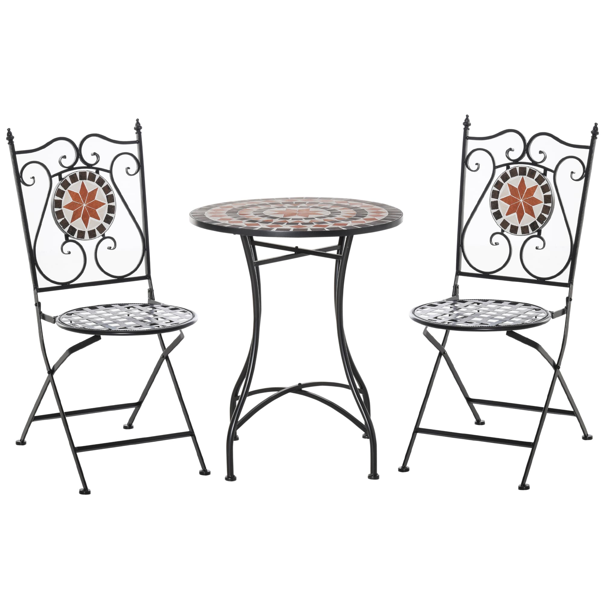 Outsunny 3 Pieces Garden Furniture Set, Bistro Set with 1 Ceramic Tile Round Table and 2 Foldable Chairs for Outdoor, Indoor, Patio, Balcony, Black