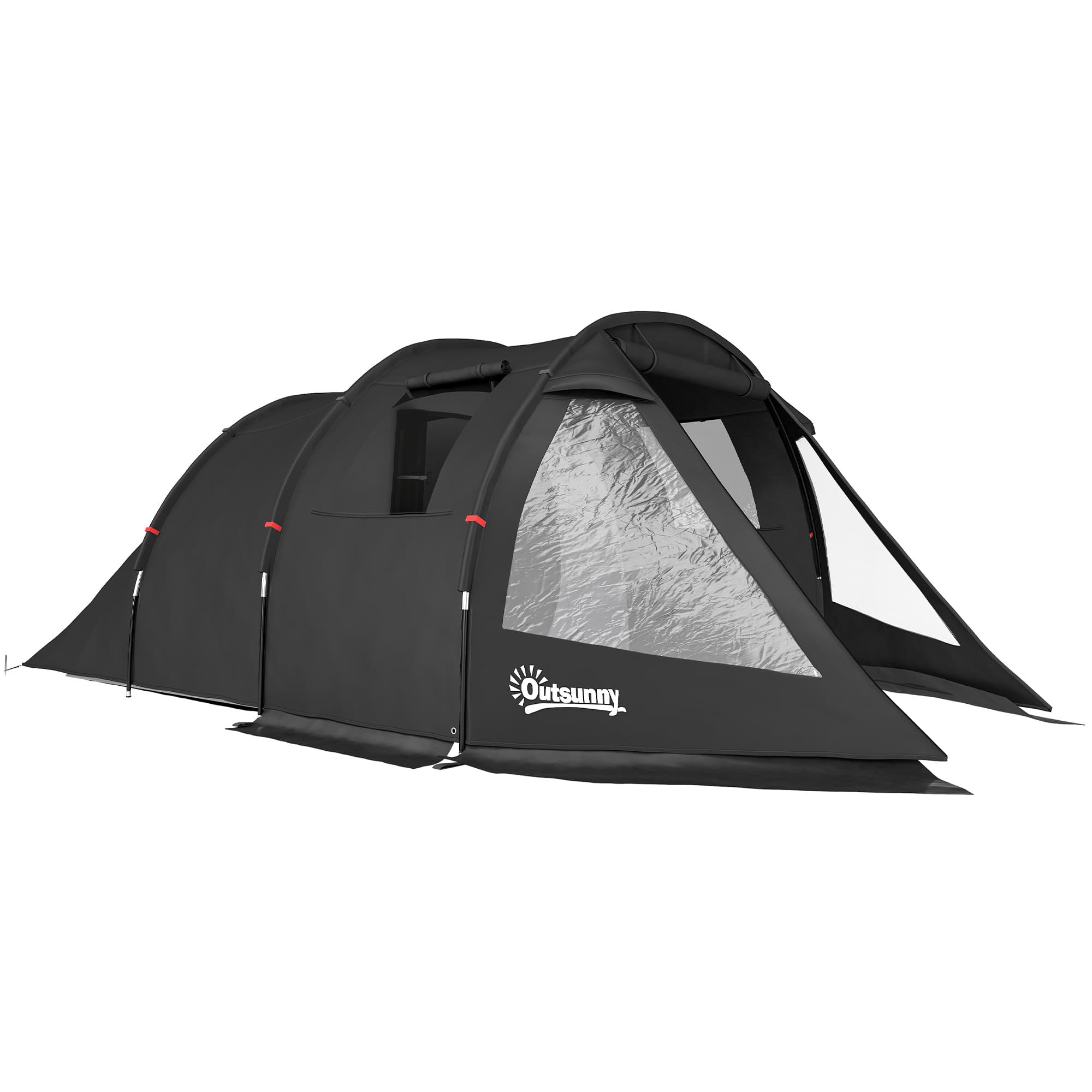 Outsunny Spacious Tunnel Tent for 3-4 Persons, Two-Room Camping Shelter with Windows, Ventilation Covers, Carry Bag, Black