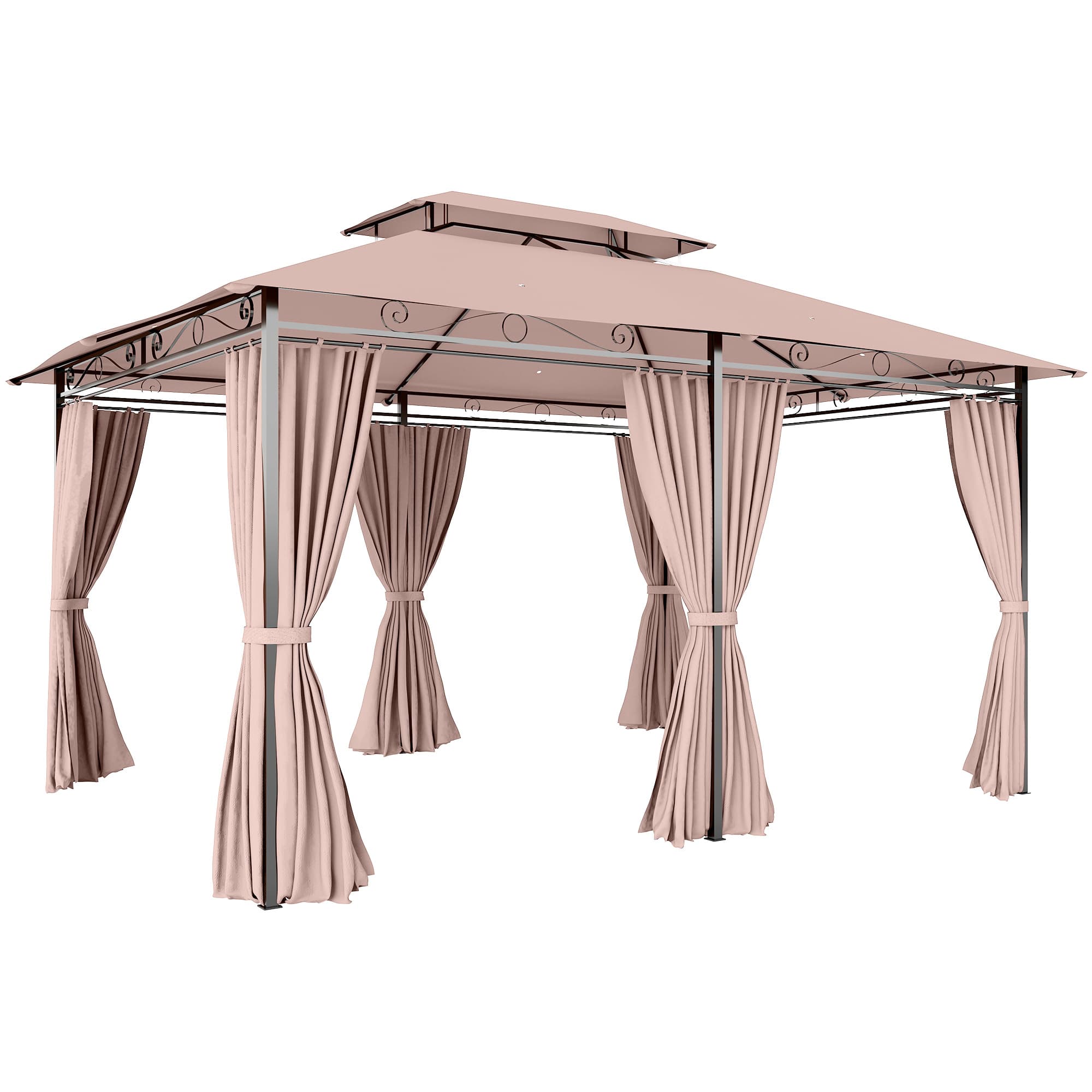Outsunny 4m x 3(m) Metal Gazebo Canopy Party Tent Garden Pavillion Patio Shelter Pavilion with Curtains Sidewalls Brown