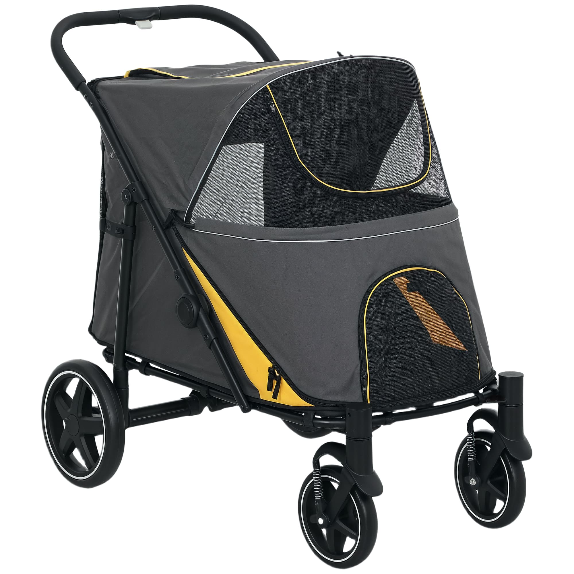 PawHut Pet Stroller w/ Universal Front Wheels, Shock Absorber, One Click Foldable Dog Cat Carriage w/ Brakes, Storage Bags, Mesh Window | Aosom UK