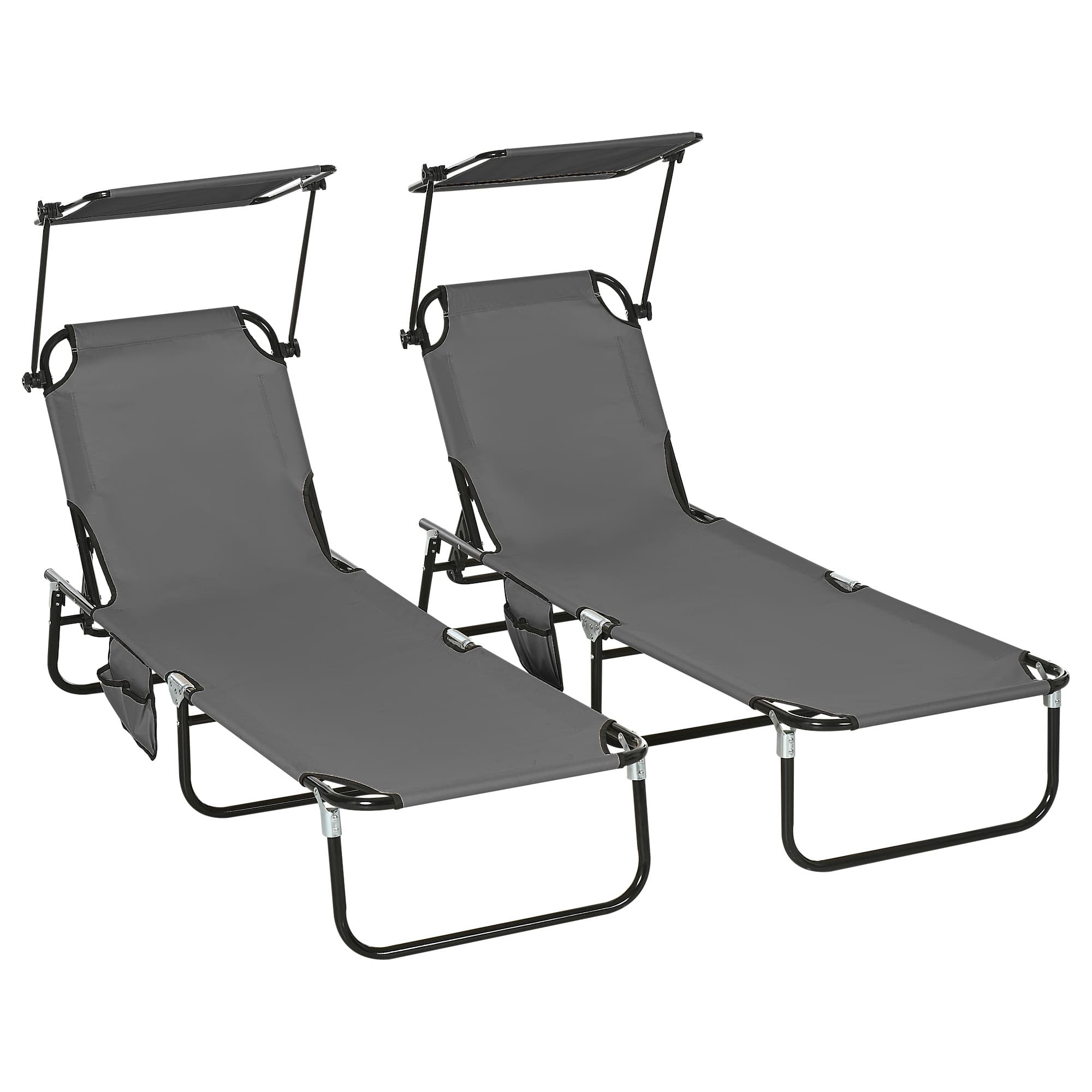 Outsunny 2 Piece Folding Sun Loungers with Canopy, Adjustable Recliner Garden Chairs with Breathable Mesh for Outdoor, Pool, Garden, Dark Grey