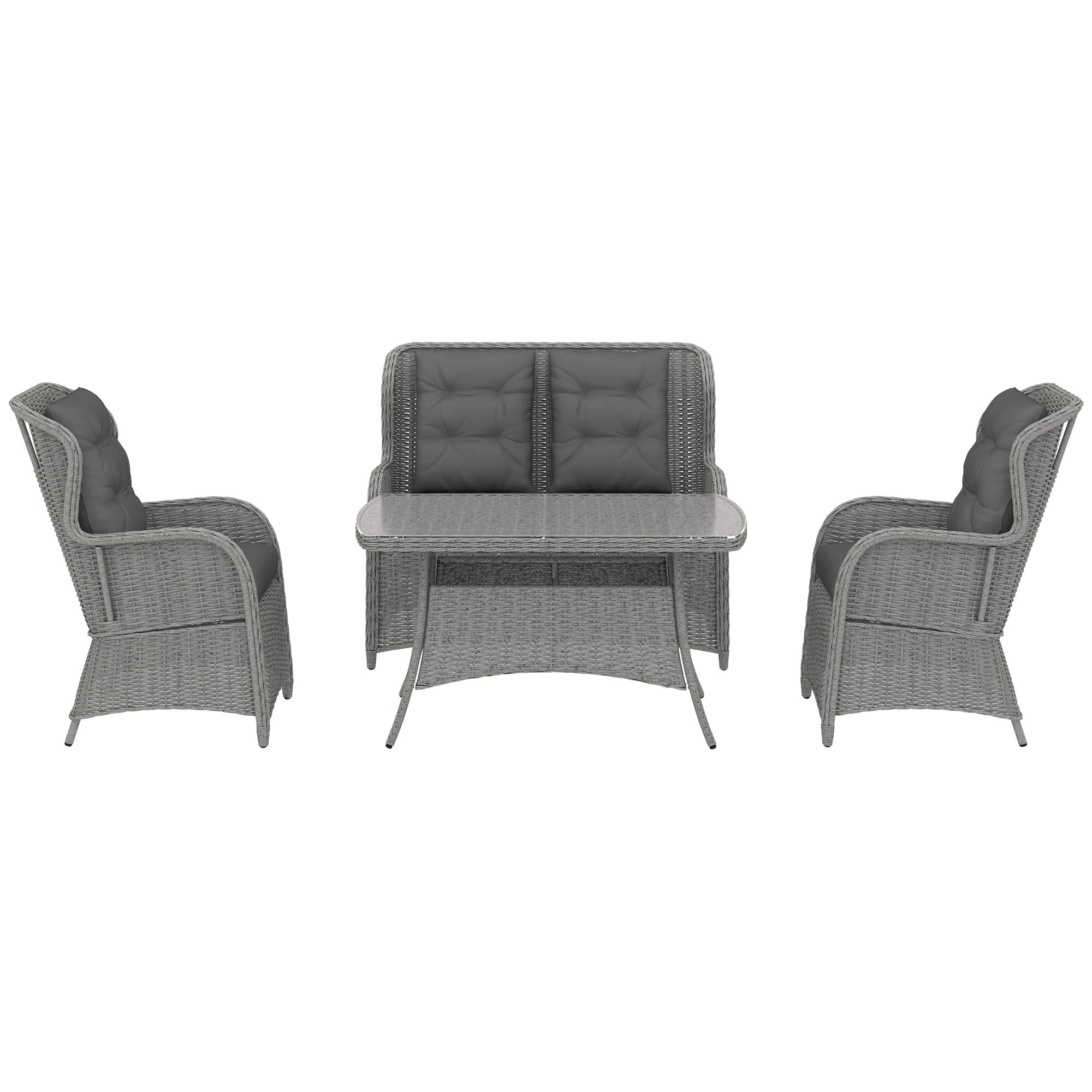 Outsunny Garden PE Rattan Dining Sofa Set, Outdoor 4 Seater Wicker Furniture, High Back Chairs with Cushions for Patio, Light Grey
