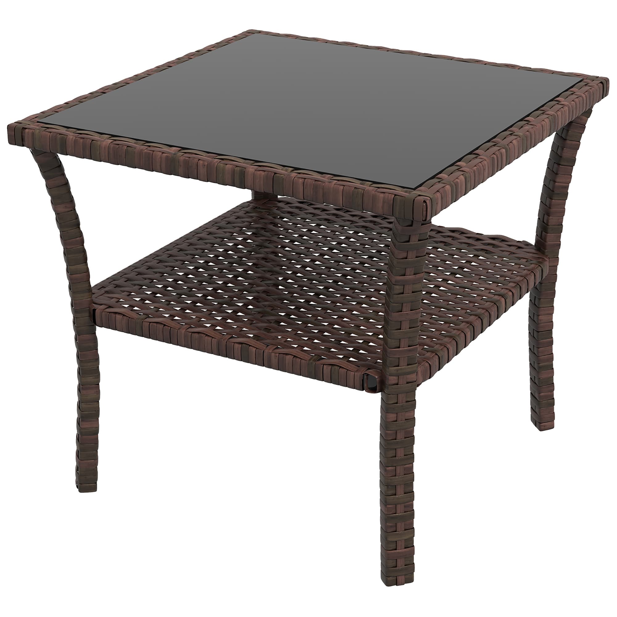 Outsunny 50cm Outdoor PE Rattan Coffee Table, Patio Wicker Two-tier Side Table with Glass Top, for Patio, Garden, Balcony, Brown | Aosom UK