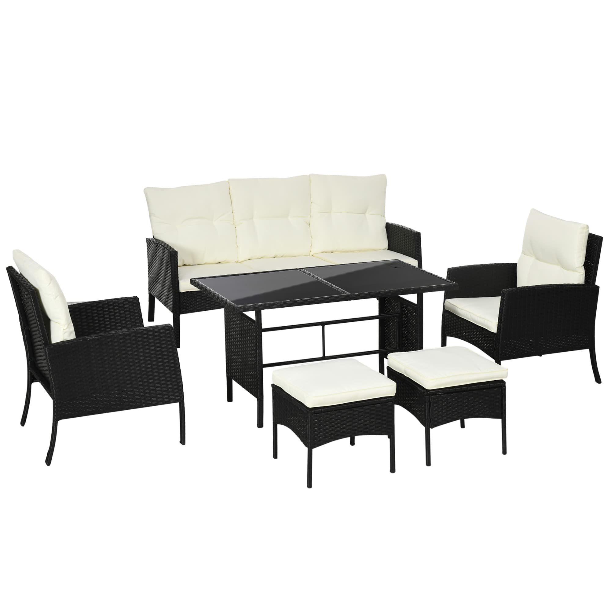 Outsunny 5 Seater Rattan Garden Furniture Set Wicker Sofa Armchairs Footstools and Glass Table Patio Rattan Sofa Sets with Cushions, Black | Aosom UK
