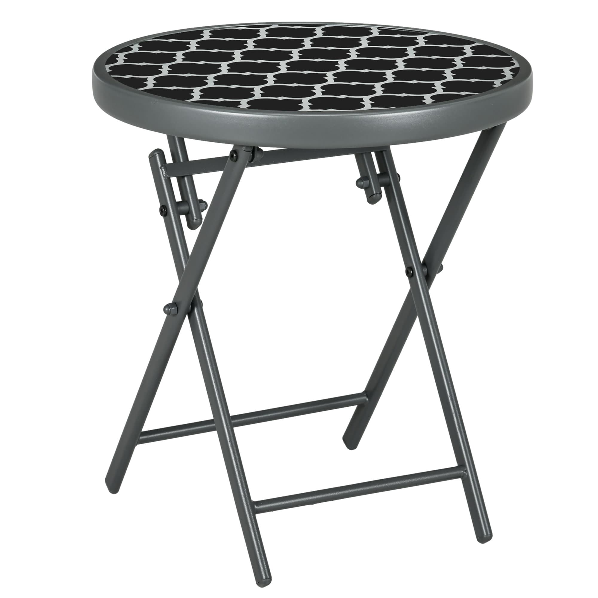 Outsunny Φ45cm Outdoor Side Table, Round Folding Patio Table with Imitation Marble Glass Top, Small Coffee Table, Black | Aosom UK