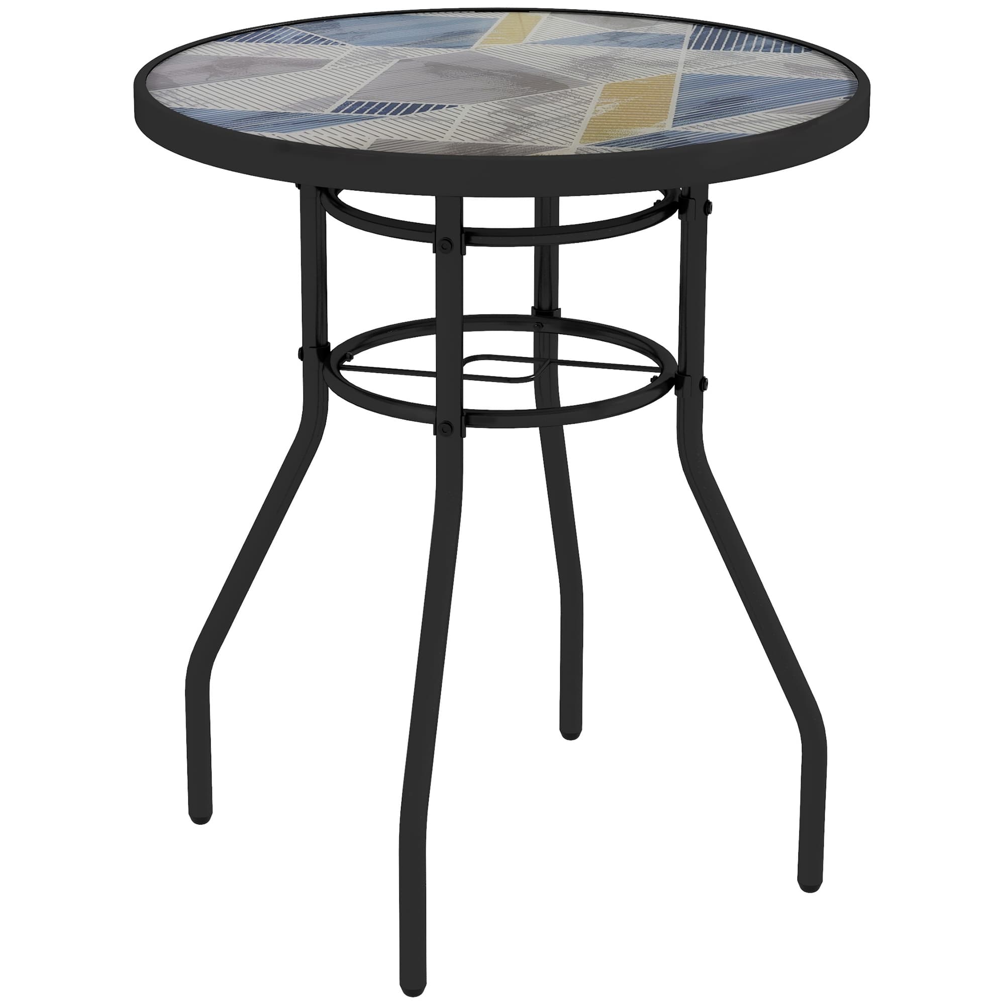Outsunny Garden Table with Tempered Glass Top, Printed Design, Steel Frame, for Porch, Multicolour | Aosom UK