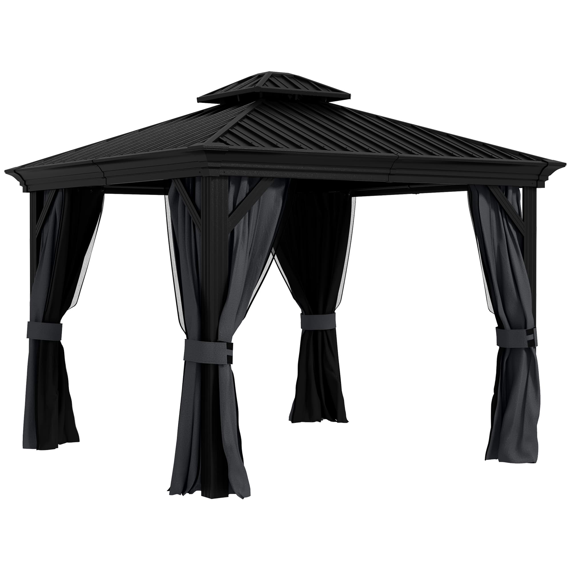 Outsunny 3 x 3.7m Outdoor Hardtop Gazebo Canopy Aluminum Frame with 2-Tier Roof & Mesh Netting Sidewalls for Patio, Dark Grey