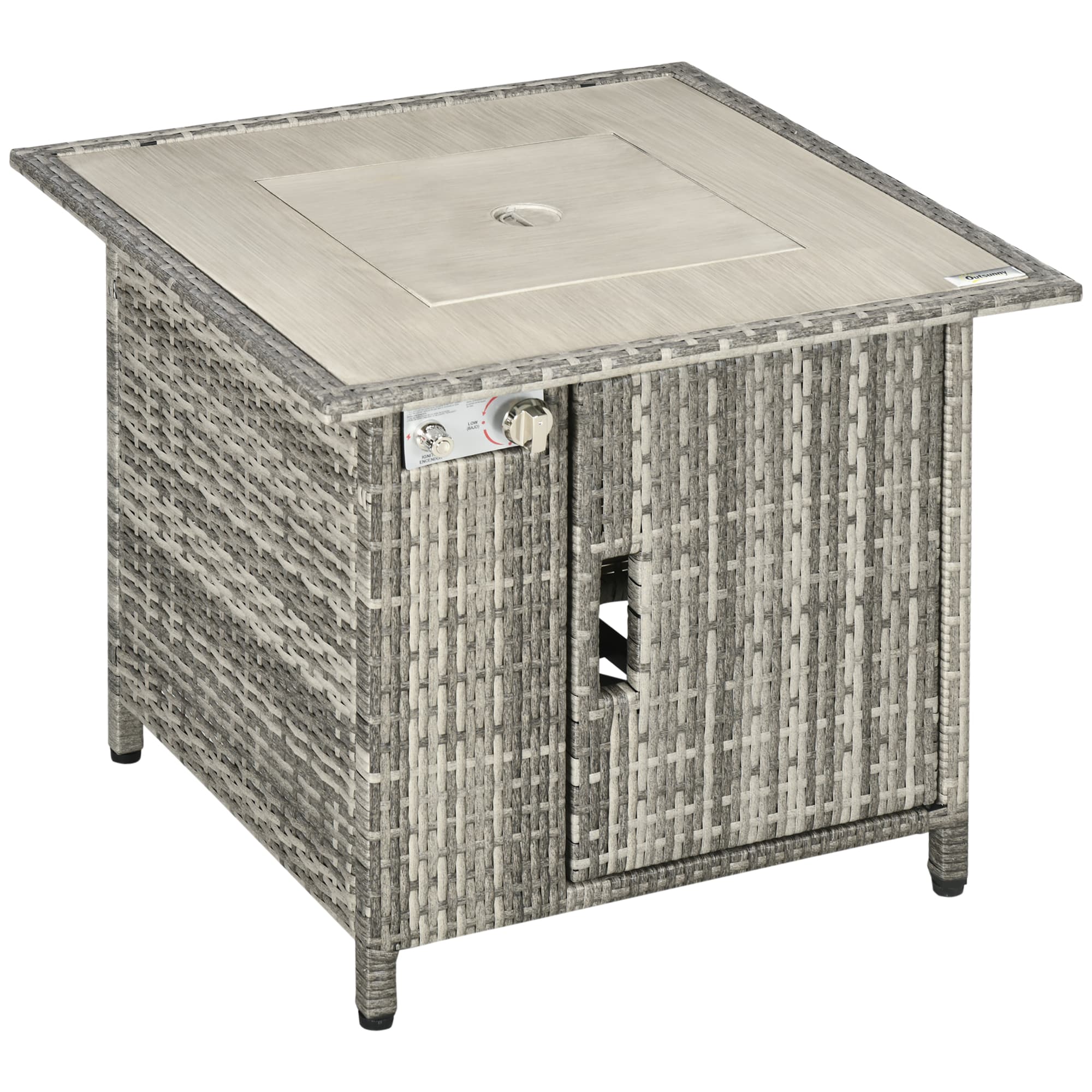 Outsunny Outdoor PE Rattan Gas Fire Pit Table, Patio Square Propane Heater w/ Rain Cover, Glass Windscreen & Lava Stone, 50000 BTU, Grey | Aosom UK
