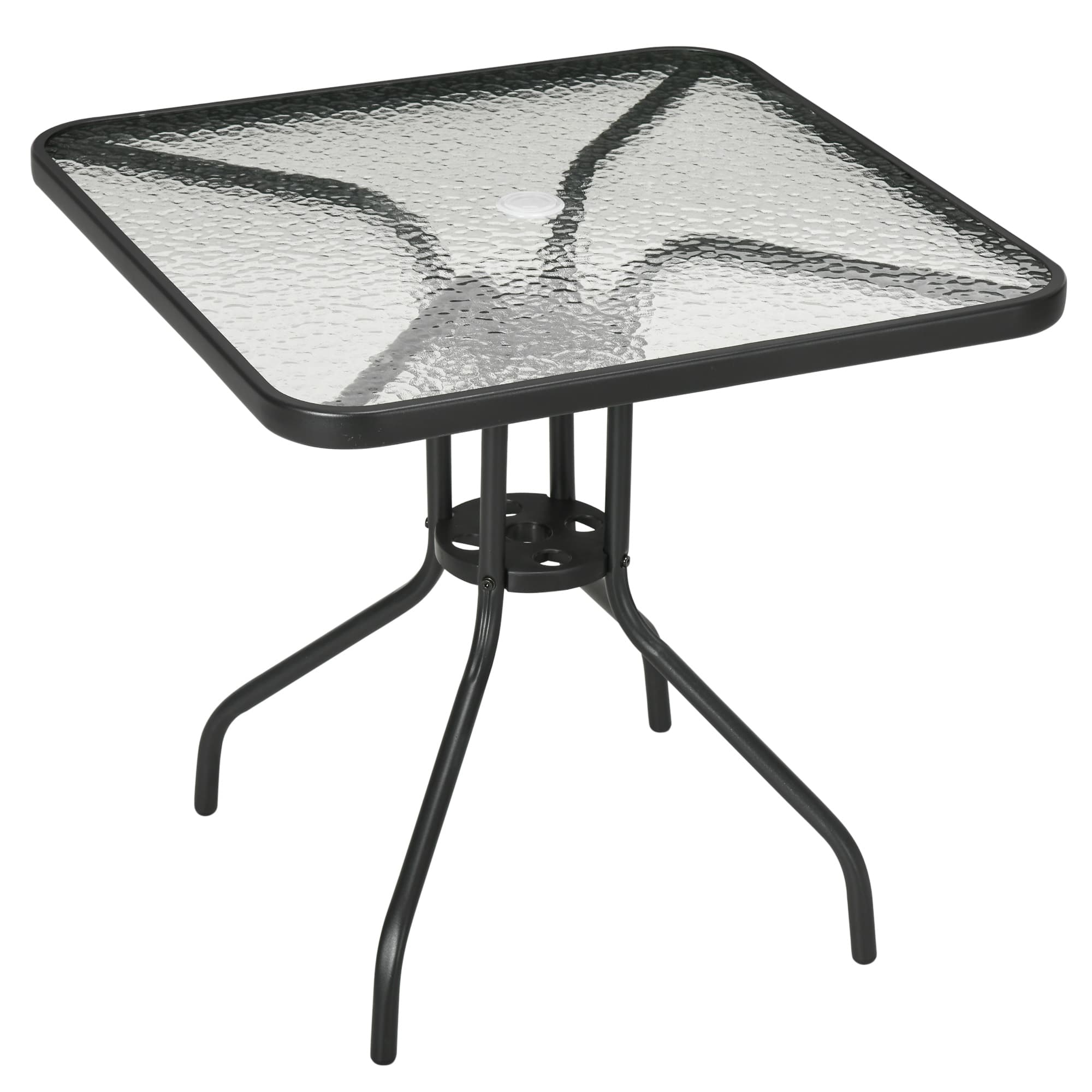 Outsunny Bistro Patio Table, Square Tempered Glass Top Dining Table, Steel Frame Outdoor Coffee Table with Umbrella Hole | Aosom UK