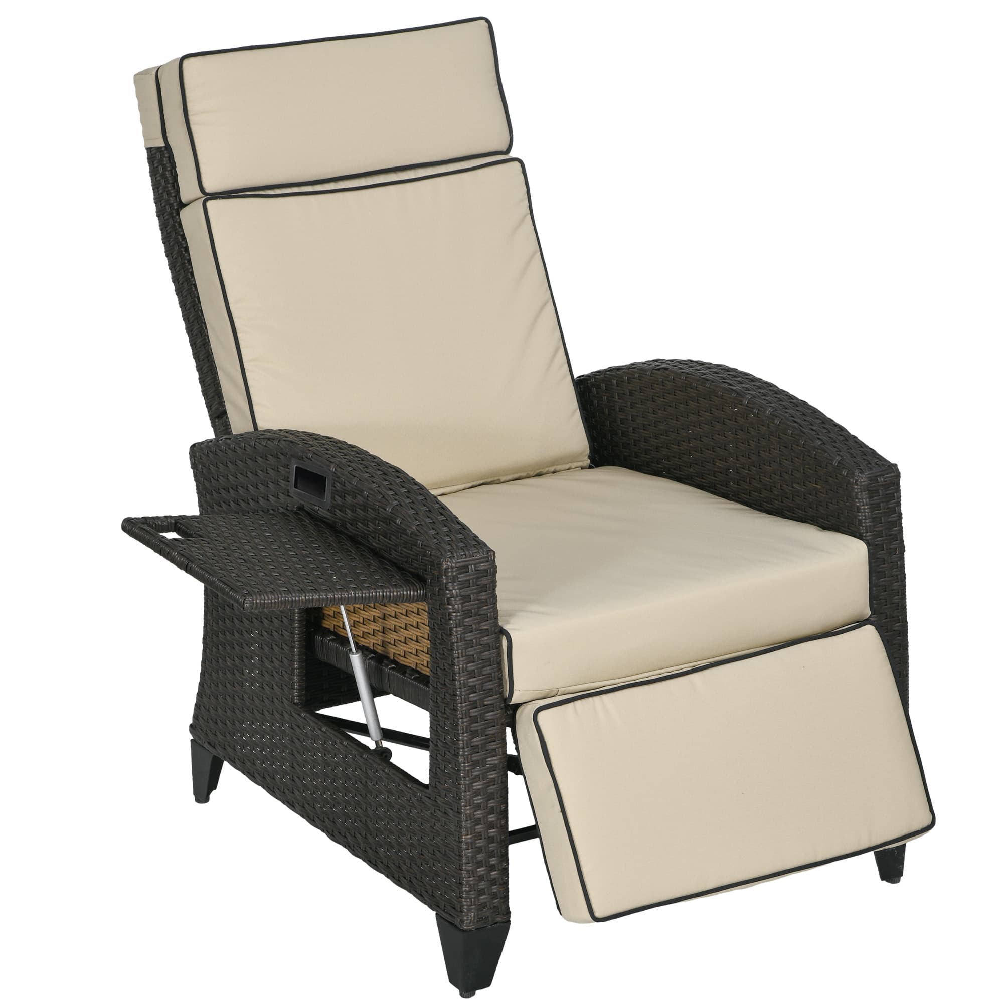 Outsunny Outdoor Recliner Chair with Adjustable Backrest and Footrest, Cushion, Side Tray, Brown