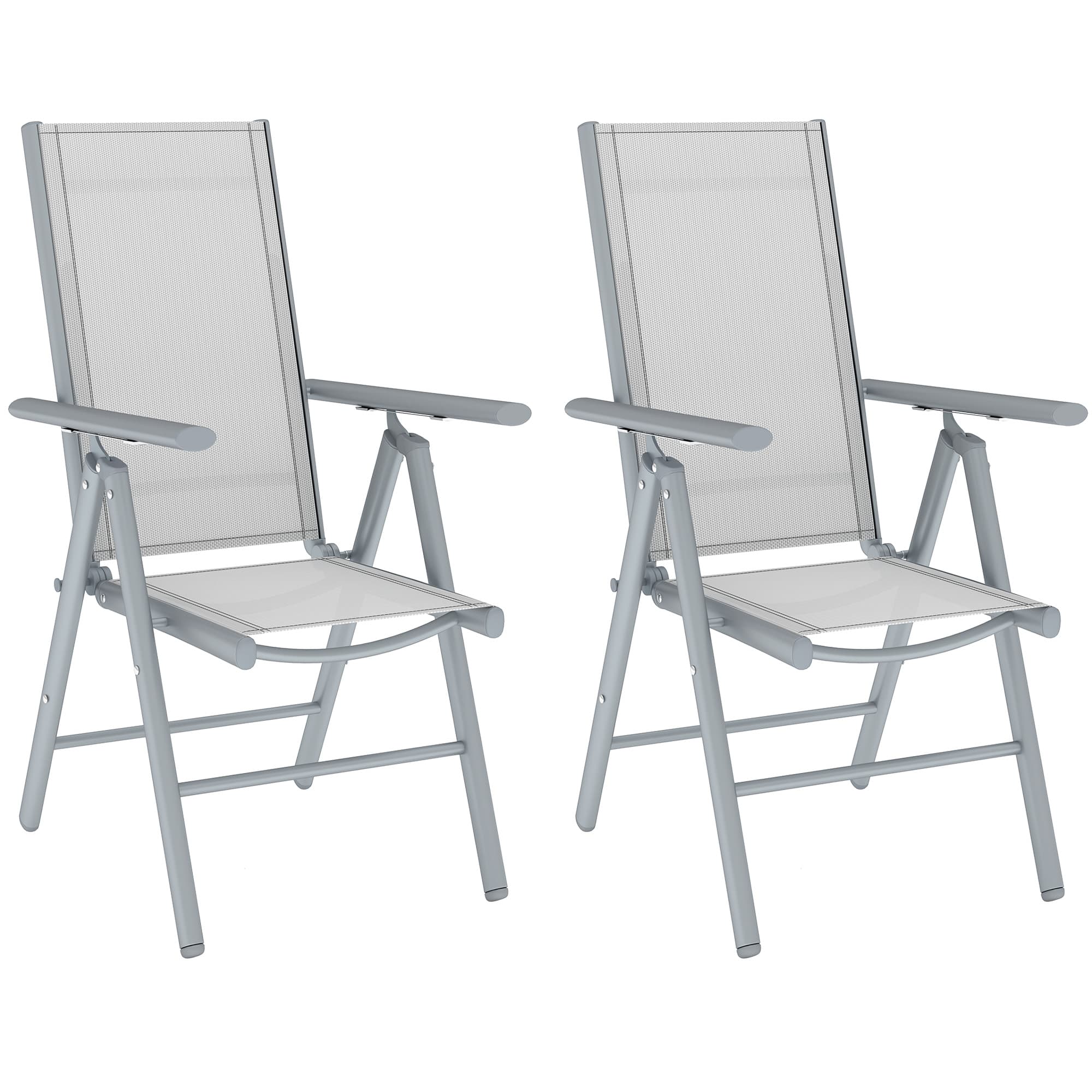 Outsunny Set of 2 Folding Chair, Aluminium Frame Outdoor Camping Chairs with Breathable Back and Seat, Armrests for Patio Deck Balcony, Light Grey