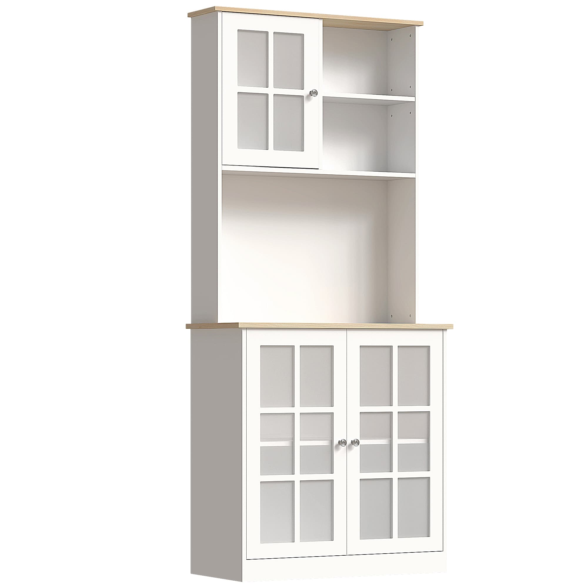 HOMCOM Freestanding Kitchen Cupboard, Sideboard Storage Cabinet Unit w/ Counter Top Grid Glass Doors Shelves  80L x 37W x 183H cm, White | Aosom UK