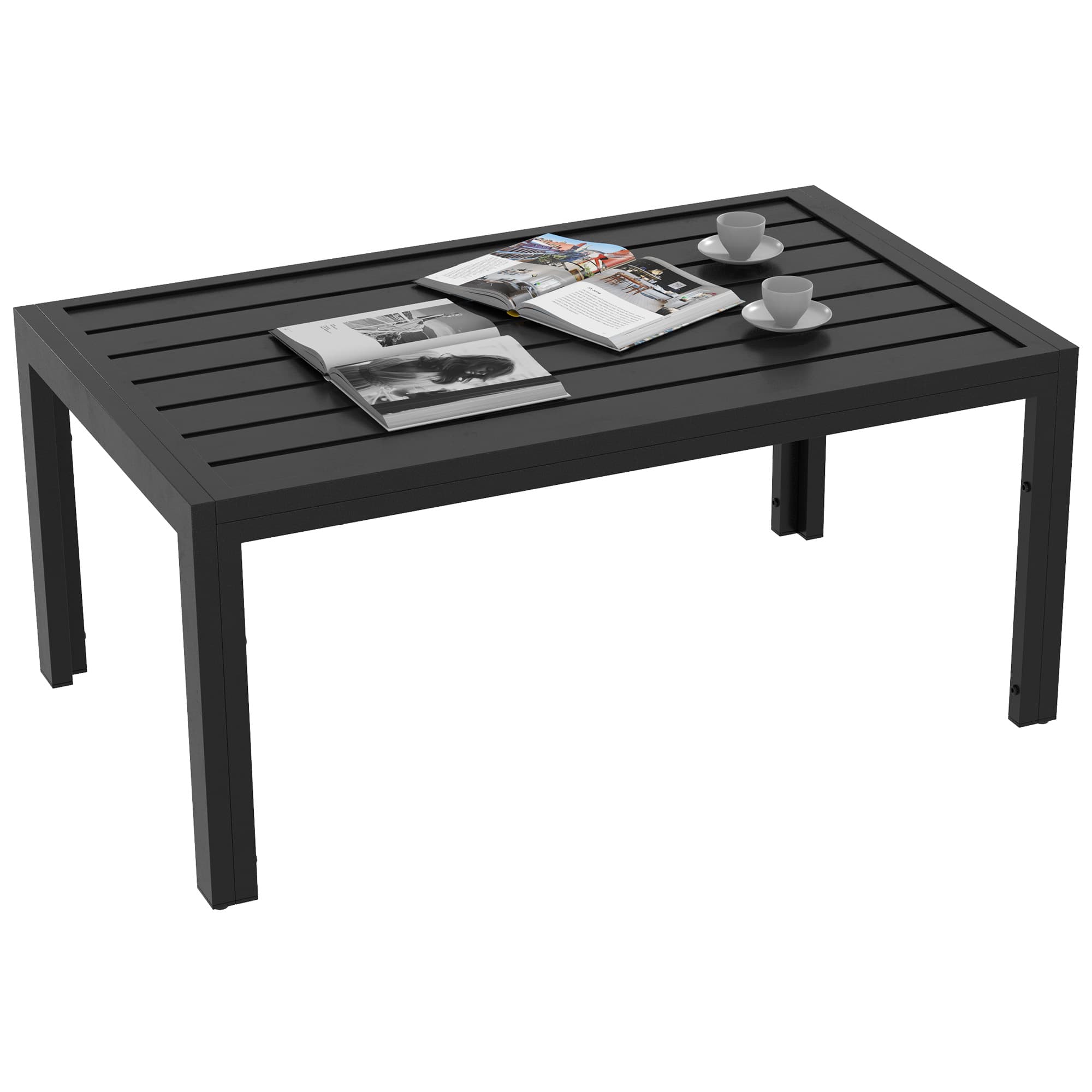 Outsunny Garden Side Table, Rectangular Patio Coffee Side Table with Steel Frame and Slat Tabletop for Garden, Balcony, Black | Aosom UK