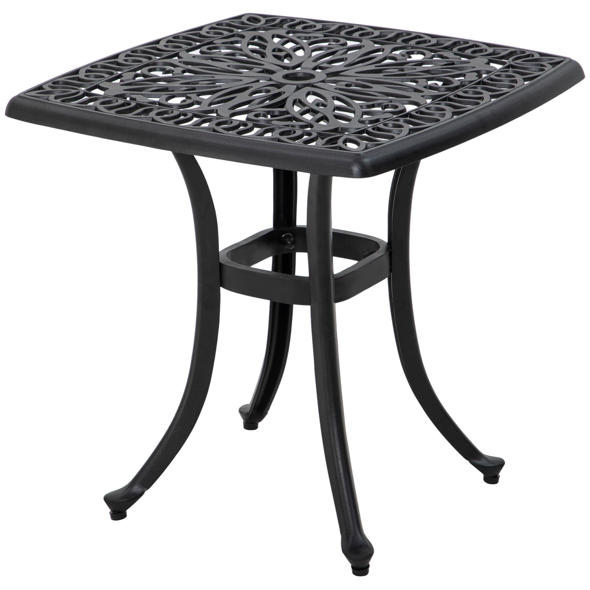 Outsunny Cast Aluminium Bistro Table, Outdoor Square Side Table with Umbrella Hole, Garden Table for Balcony, Poolside, Black