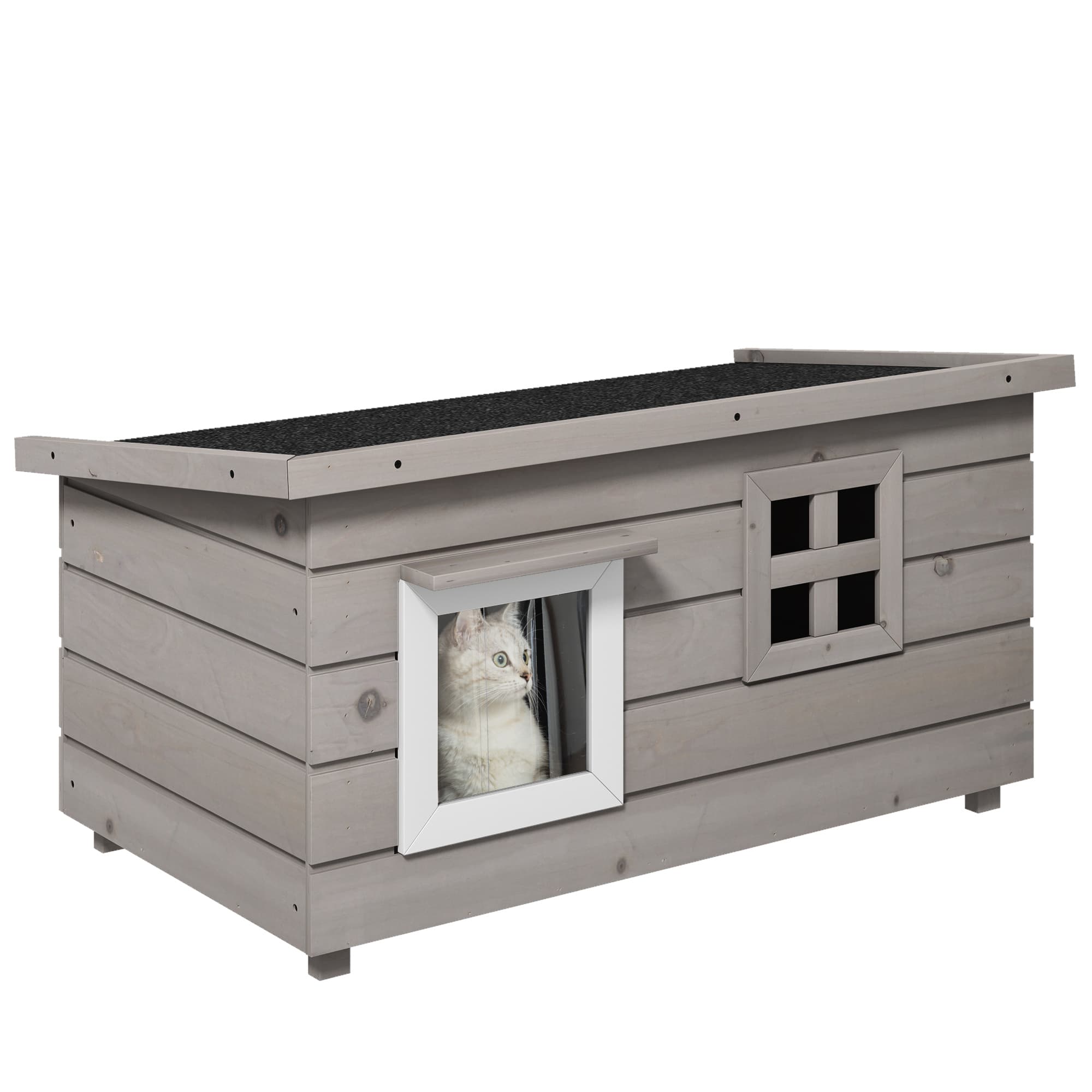 PawHut Wooden Cat House Outdoor, Elevated Cat Shelter Kennel, Pet Play House with Openable Top, Asphalt Roof, Window, Grey | Aosom UK