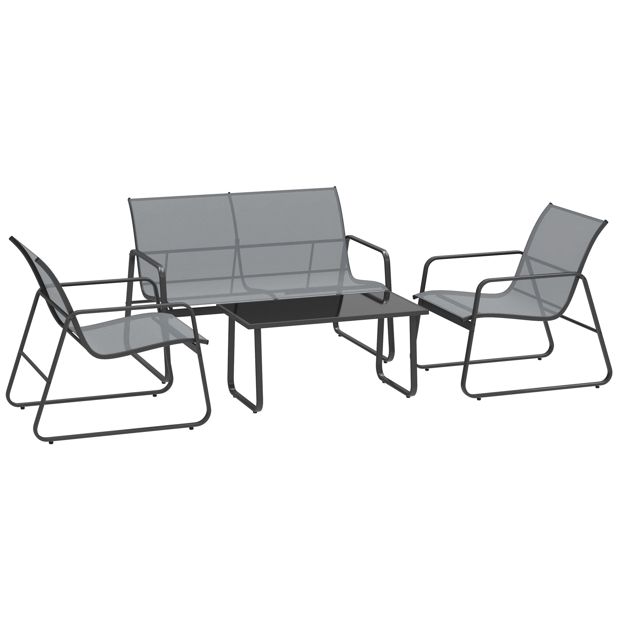 Outsunny 4 Piece Garden Furniture Set Outdoor Patio Sofa Set with Double Chair, Single Chairs and Glass Top Table for Terrace and Balcony, Light Grey