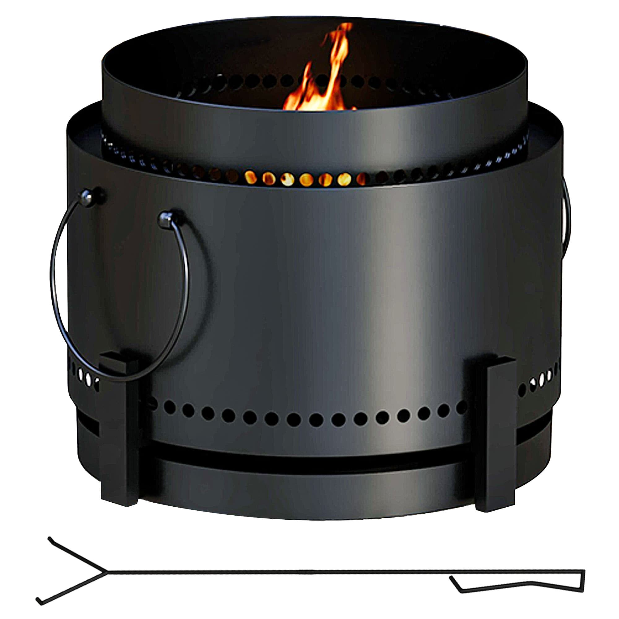 Outsunny Smokeless Fire Pit, 37cm Portable Wood Burning Firepit with Poker for Garden Camping Bonfire Party, Metal, Black