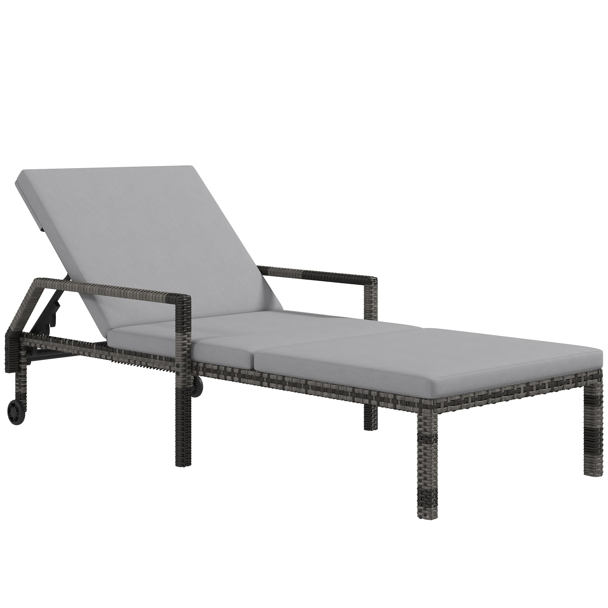 Outsunny Rattan Wicker Sun Lounger, Grey, Outdoor Recliner with 5-Level Adjustable Backrest and 2 Wheels | Aosom UK