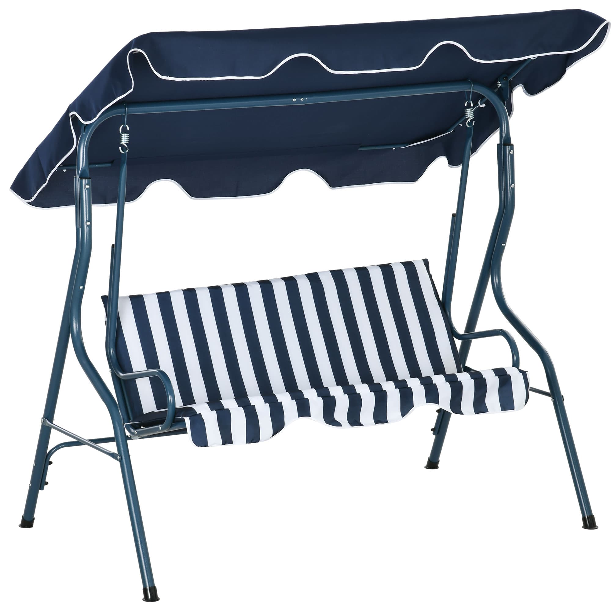 Outsunny Waterproof 3 Seater Garden Swing Seat Chair Outdoor Bench with Adjustable Canopy and Metal Frame, Blue Stripes | Aosom UK