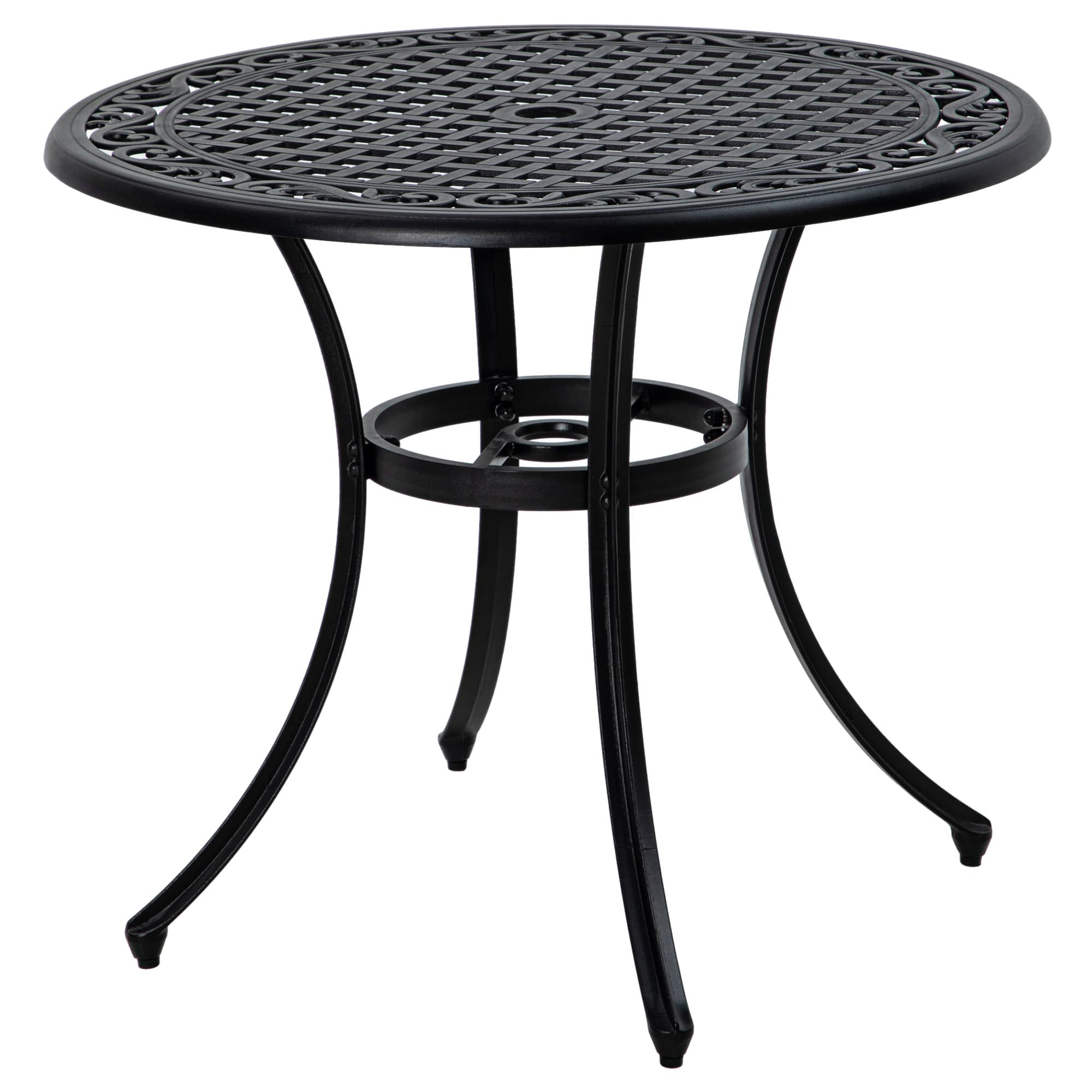 Outsunny Round Garden Table with Parasol Hole, 90cm Cast Aluminium Outdoor Dining Table for 2-4 for Balcony - Black