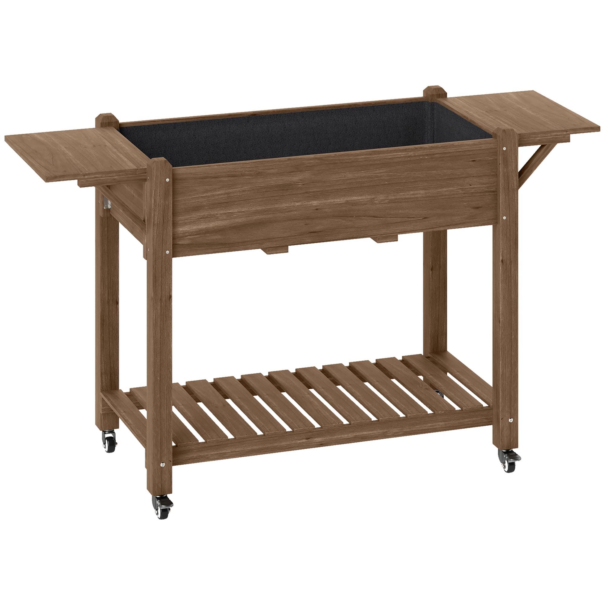 Outsunny Raised Garden Bed, Wooden Elevated Planter Box with Lockable Wheels, Side Tables and Bottom Shelf for Flowers, Fruits, Carbonised