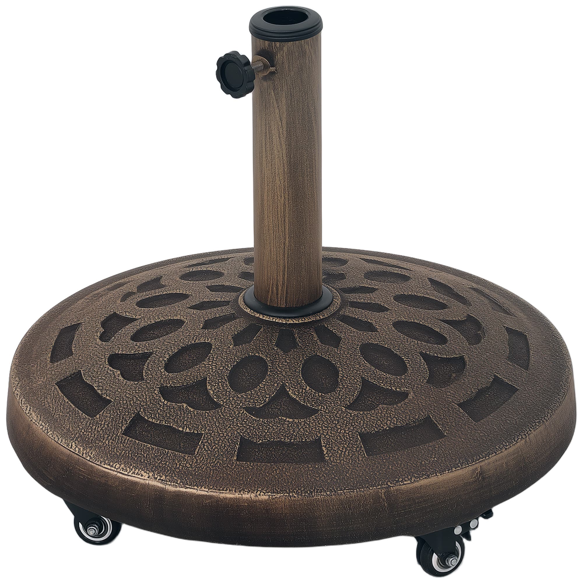 Outsunny 21kg Resin Garden Parasol Base with Wheels, Round Umbrella Stand for 34, 38, 48 mm Umbrella Poles for Deck Poolside, Bronze Tone