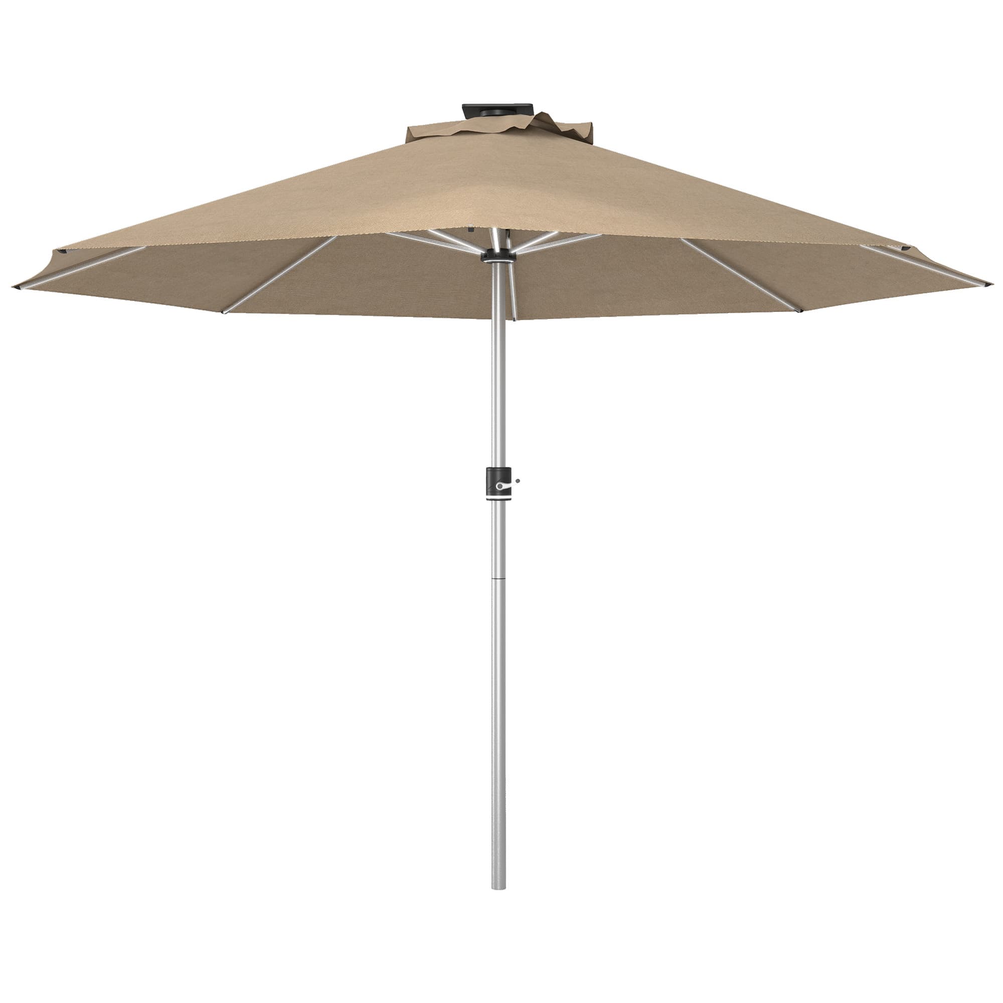 Outsunny Waterproof LED Patio Umbrella, Lighted Deck Umbrella with 4 Lighting Modes, Solar & USB Charging, Khaki | Aosom UK