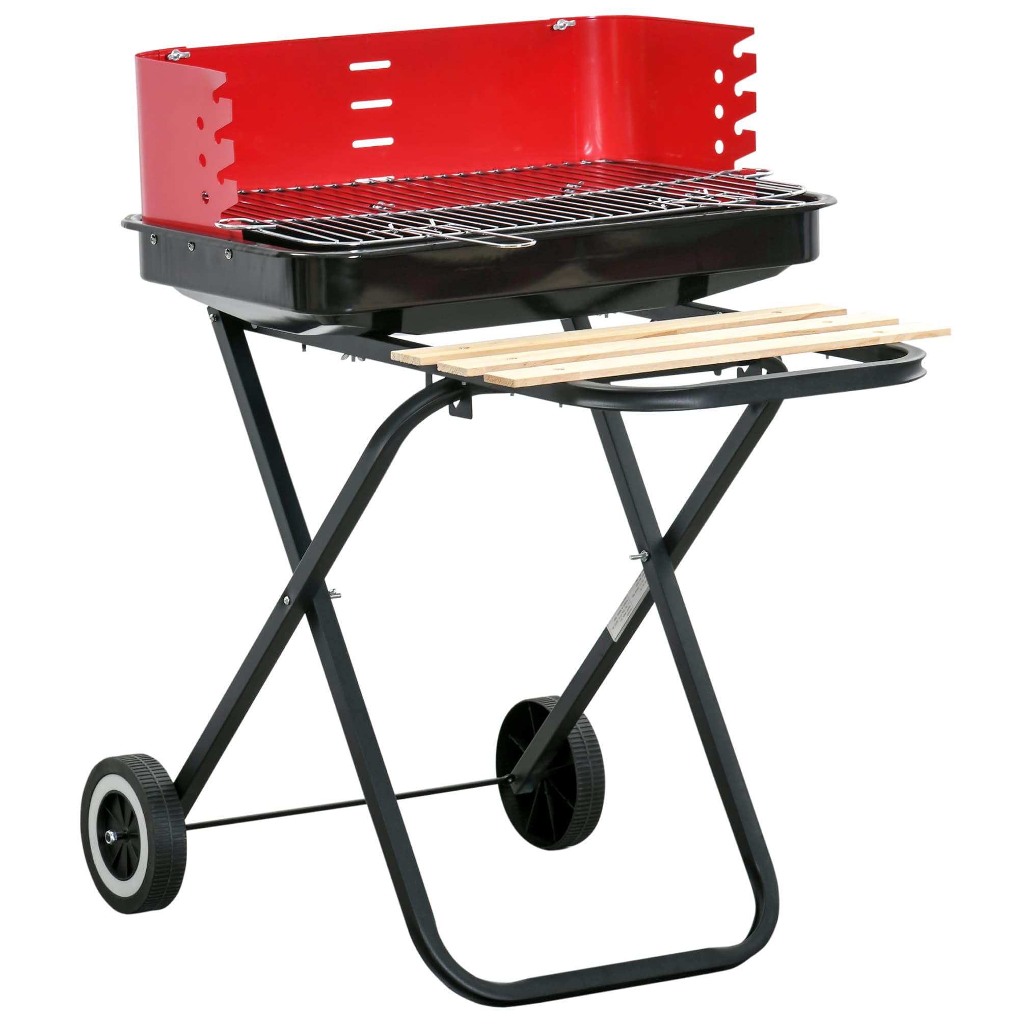 Outsunny BBQ Grill Charcoal Barbecue Grill Garden Foldable BBQ Trolley w/ Windshield, Wheels, Side Trays, Red/Black | Aosom UK