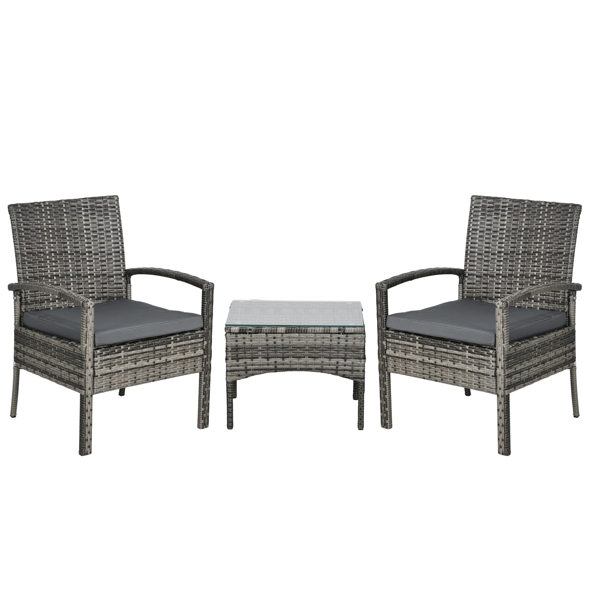 Outsunny 3 Pieces Outdoor Rattan Bistro Set, Patio Wicker Balcony Furniture, Conservatory Sets w/ Coffee Table and Cushioned Chair, Mixed Grey