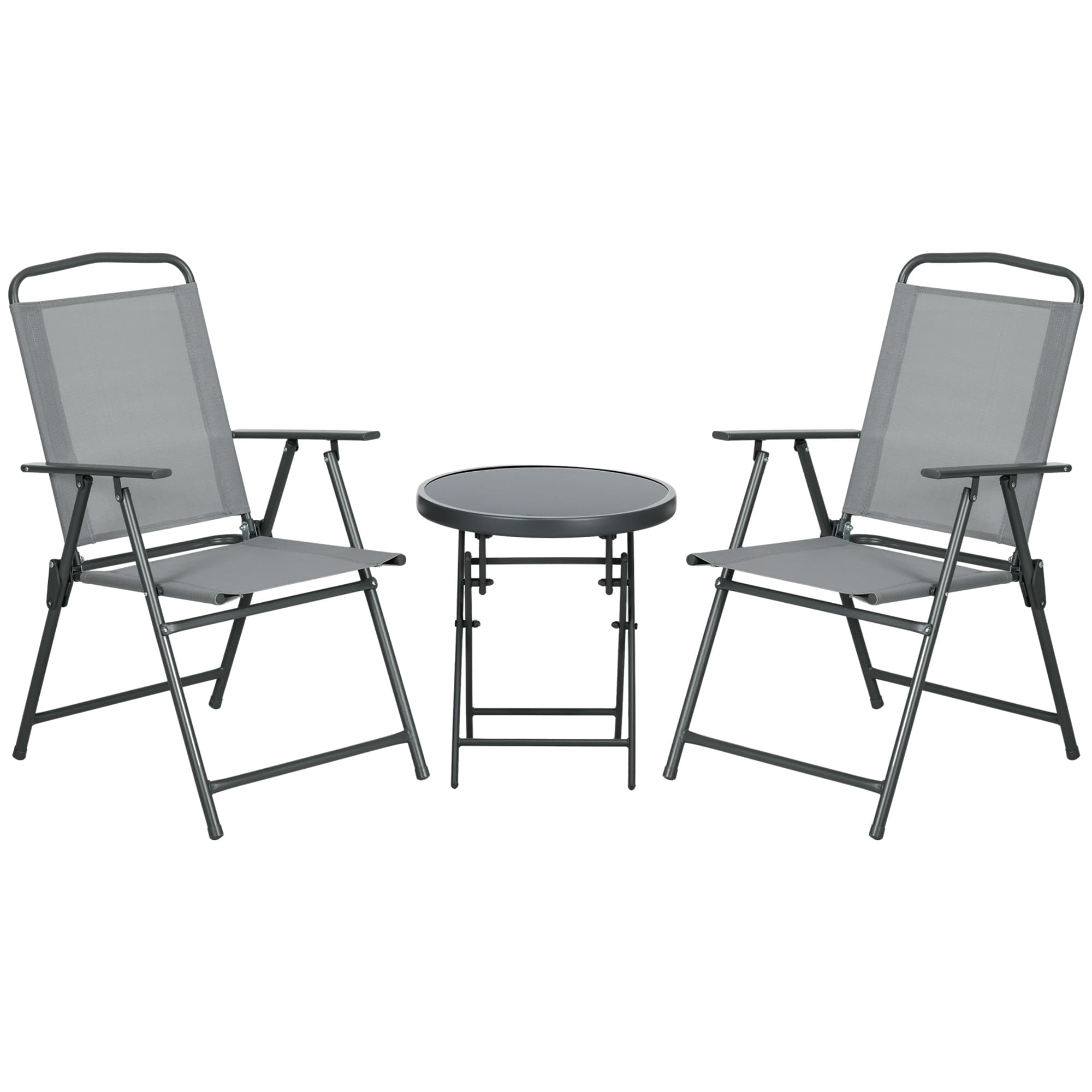 Outsunny 3 Pcs Garden Table and Chairs, Outdoor Bistro Set, Patio Conversation Furniture Set w/ Foldable Armchairs, Glass Top Coffee Table, Light Grey