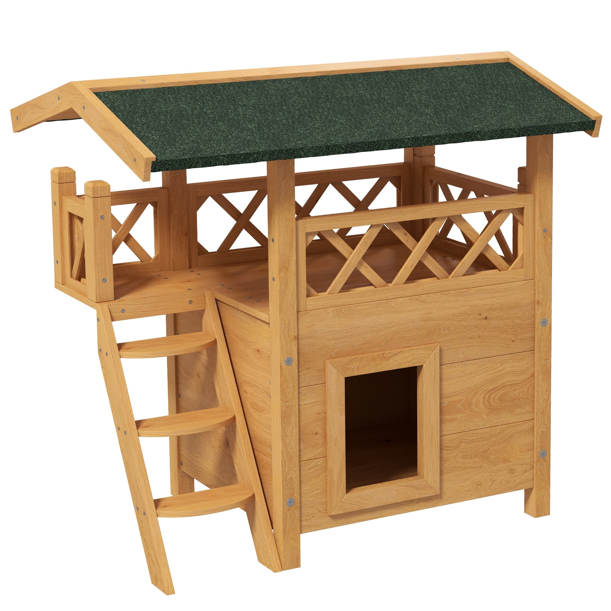 PawHut Cat House Outdoor w/ Balcony Stairs Roof, 77 x 50 x 73 cm, Natural | Aosom UK