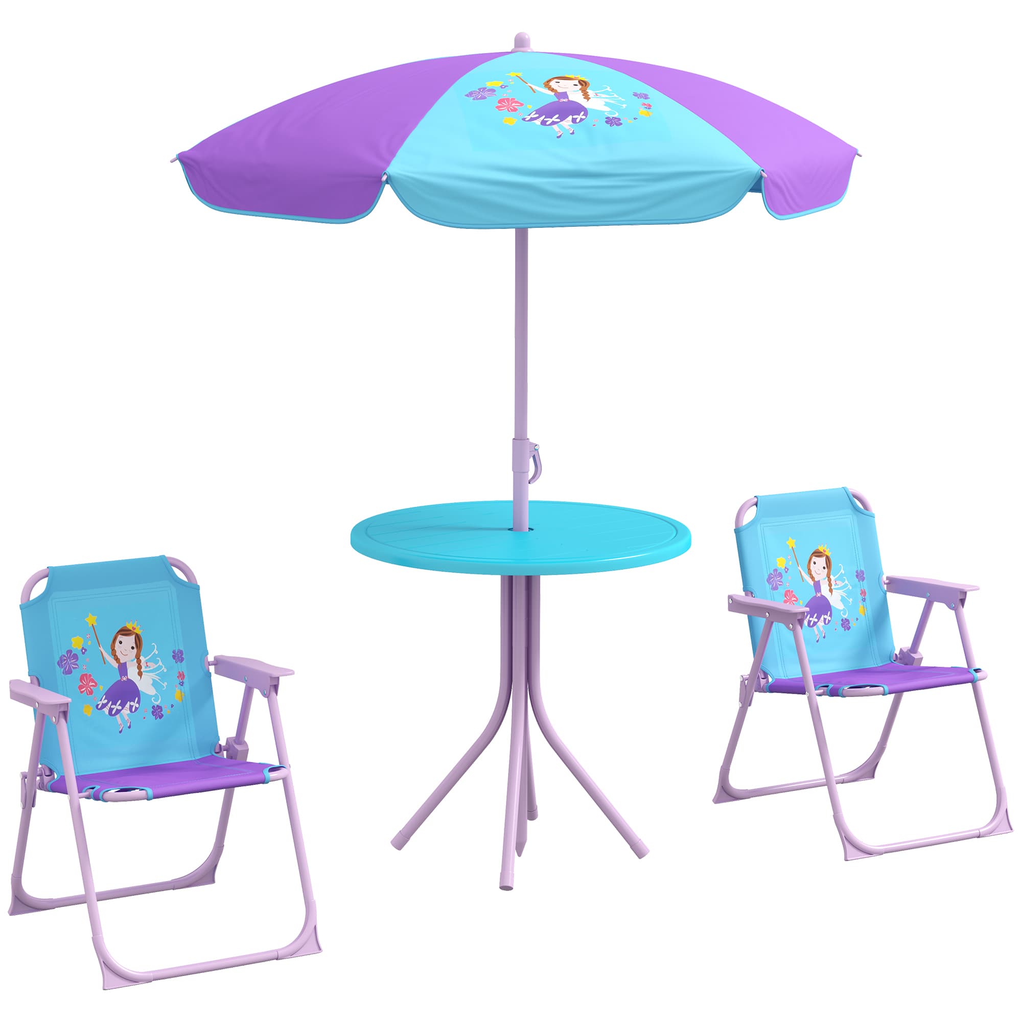 Outsunny Kids Picnic Table and Chair Set, Fairy Themed Outdoor Garden Furniture w/ Foldable Chairs, Adjustable Parasol | Aosom UK
