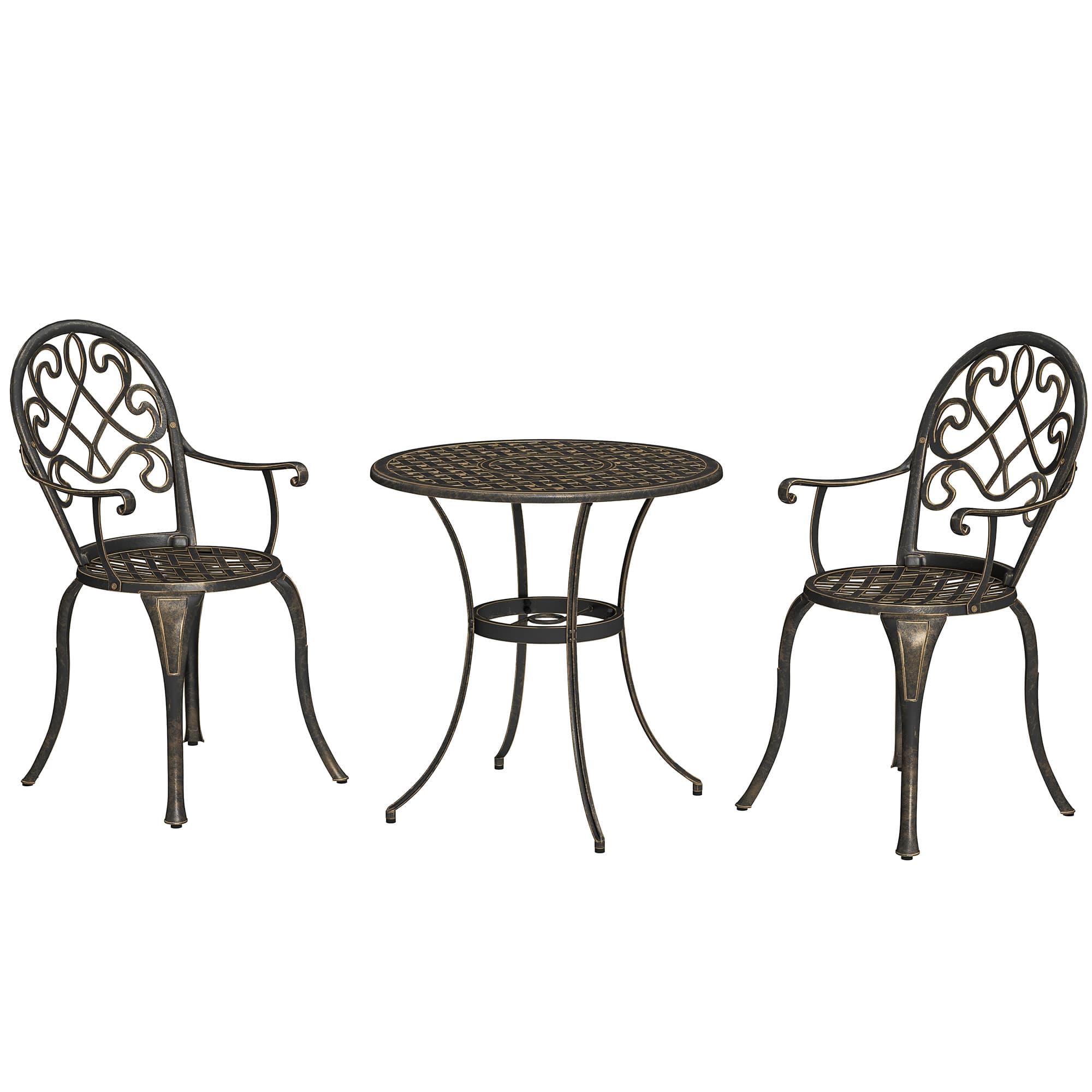Outsunny 3 Piece Patio Bistro Set for 2, Outdoor Aluminium Garden Table and Chairs with Adjustable Footpads for Balcony, Garden and Patio, Bronze Tone