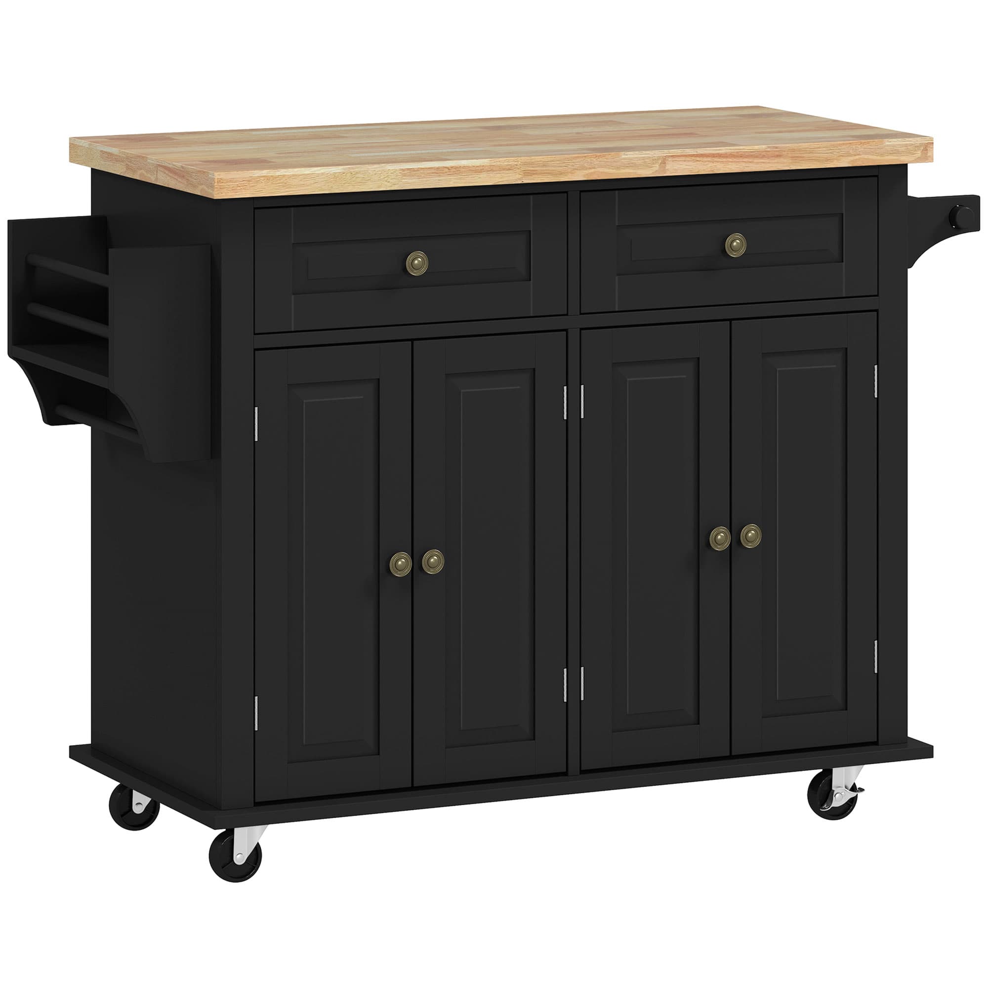 HOMCOM Rolling Kitchen Island with Rubber Wood Top, Drawers and Storage Shelves, Black | Aosom UK