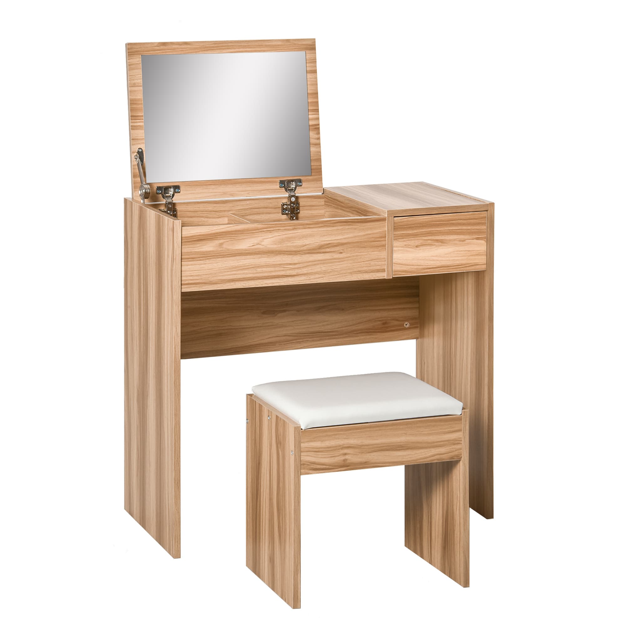 HOMCOM Dressing Table Set with Cushioned Stool, Flip-up Mirror, and Drawer in Wood Grain Finish | Aosom UK