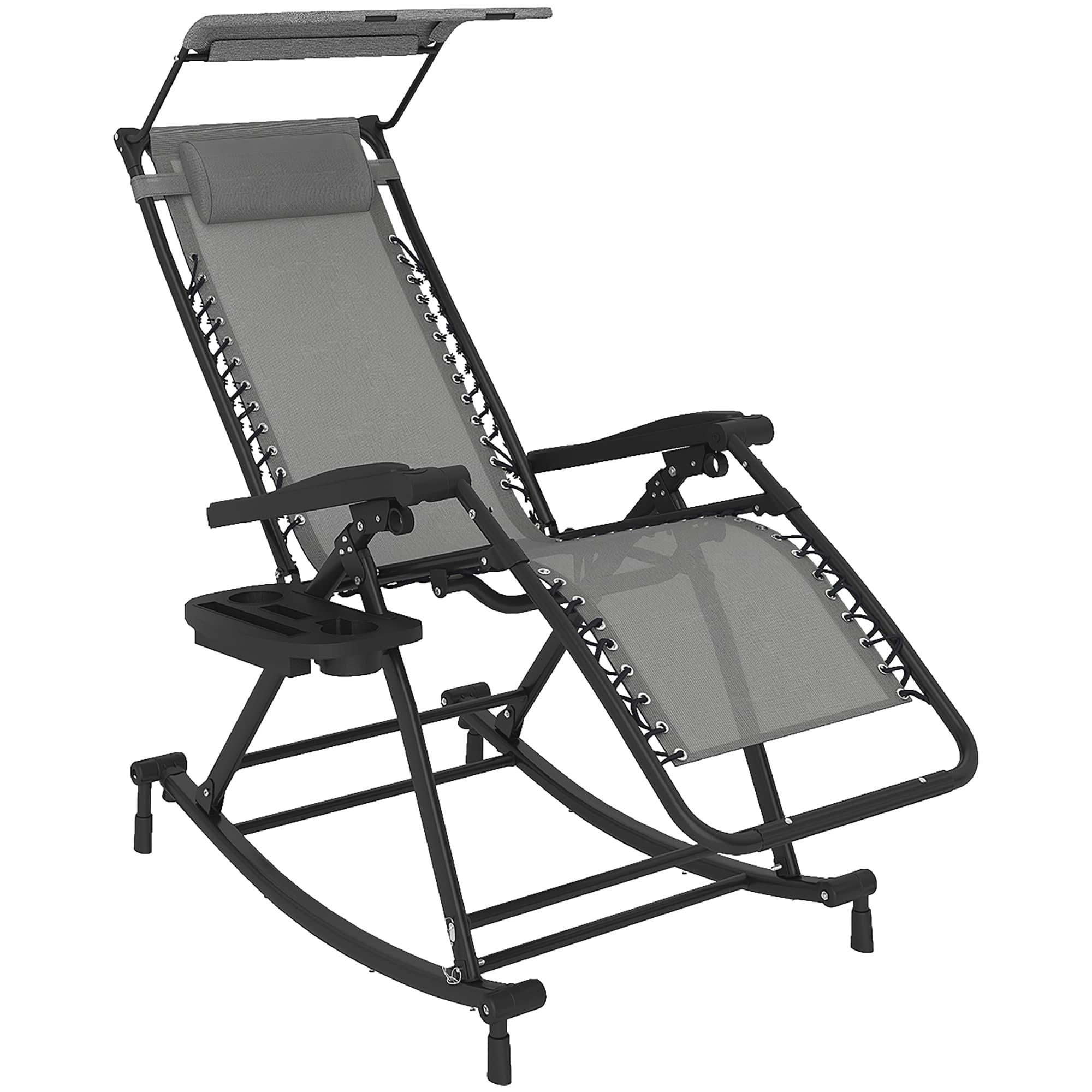 Outsunny Garden Rocking Chair Folding Recliner Outdoor Adjustable Sun Lounger Rocker Zero-Gravity Seat w/ Headrest Side Holder, Grey | Aosom UK