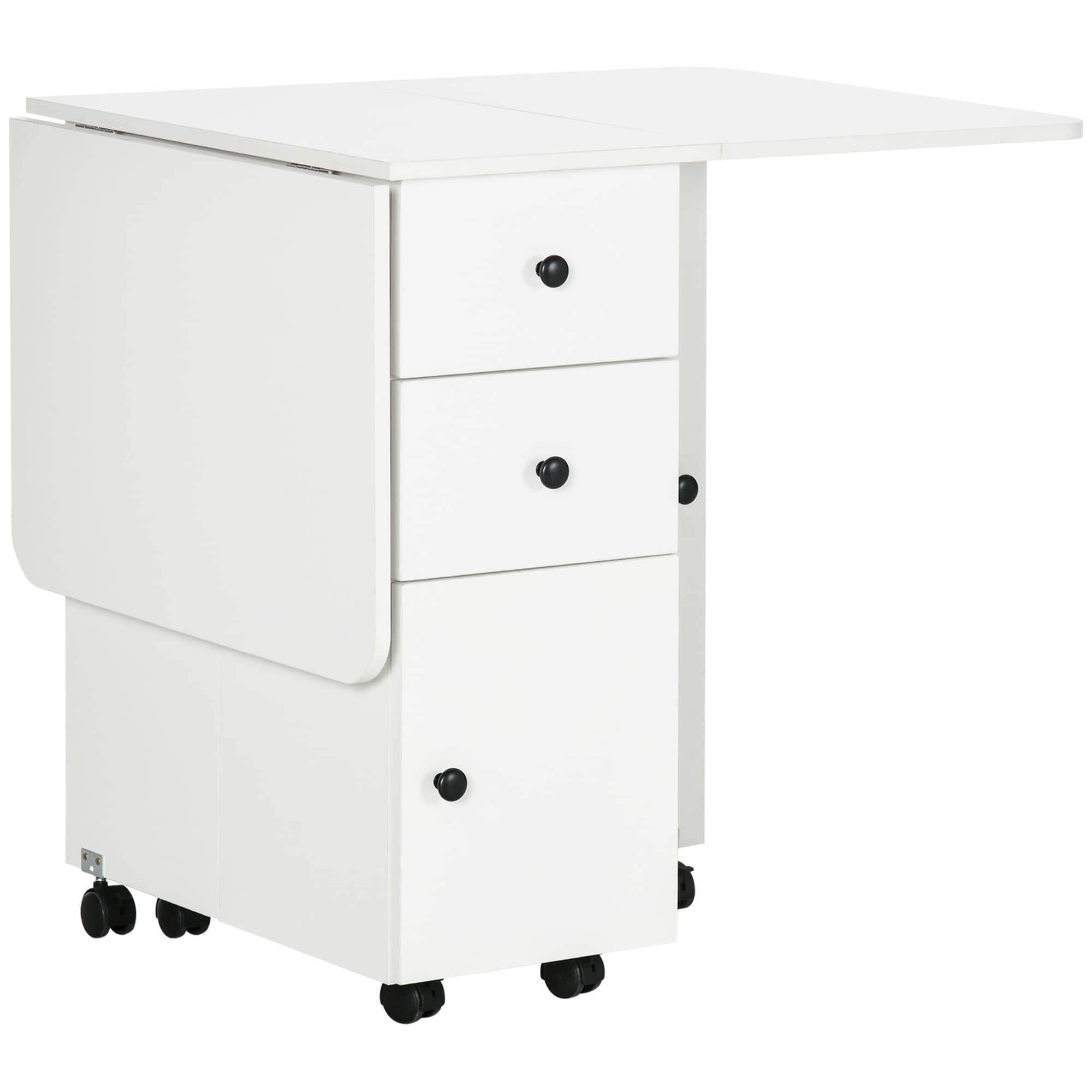 HOMCOM Folding Kitchen Table for 4-6, Rolling Drop Leaf Dining Table with Storage Drawers, Cabinet and Open Shelf, Wheels, White | Aosom UK