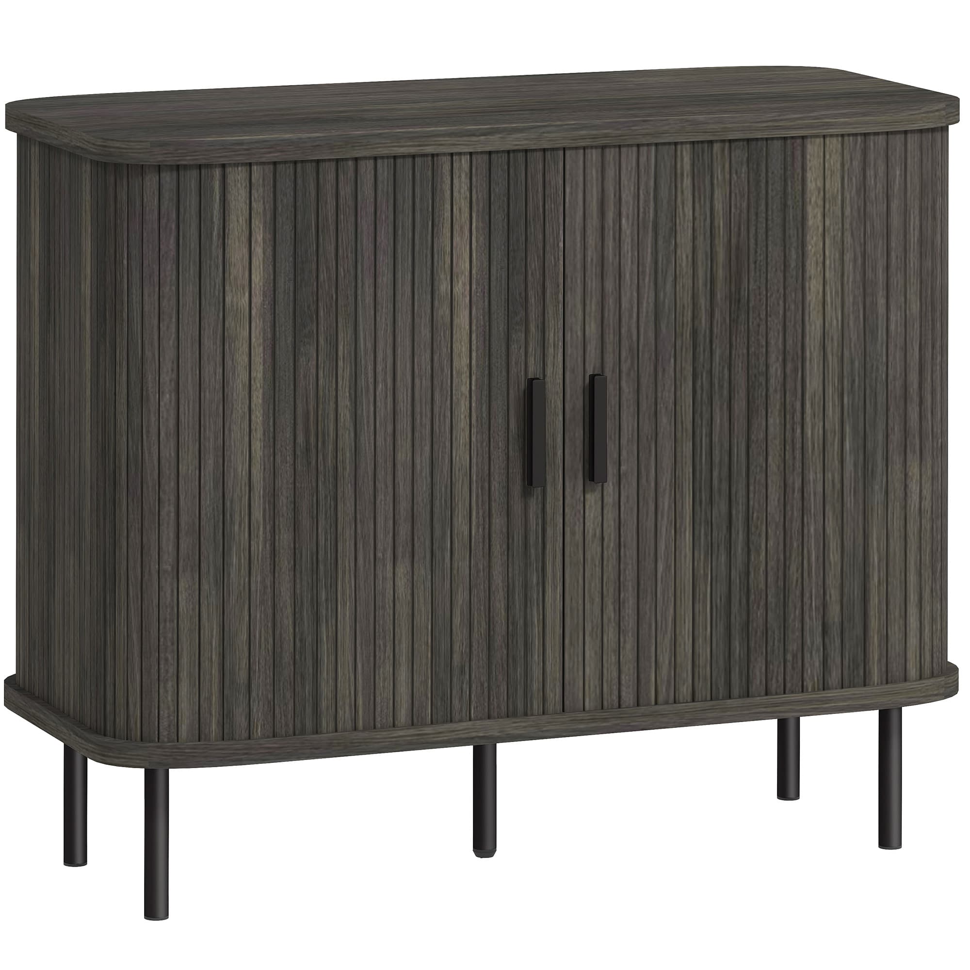 HOMCOM Mid Century Modern Sideboard with Slatted Tambour Sliding Doors Steel Legs Grey Kitchen Cabinet small modern sofa large modern table coffee table | Aosom UK