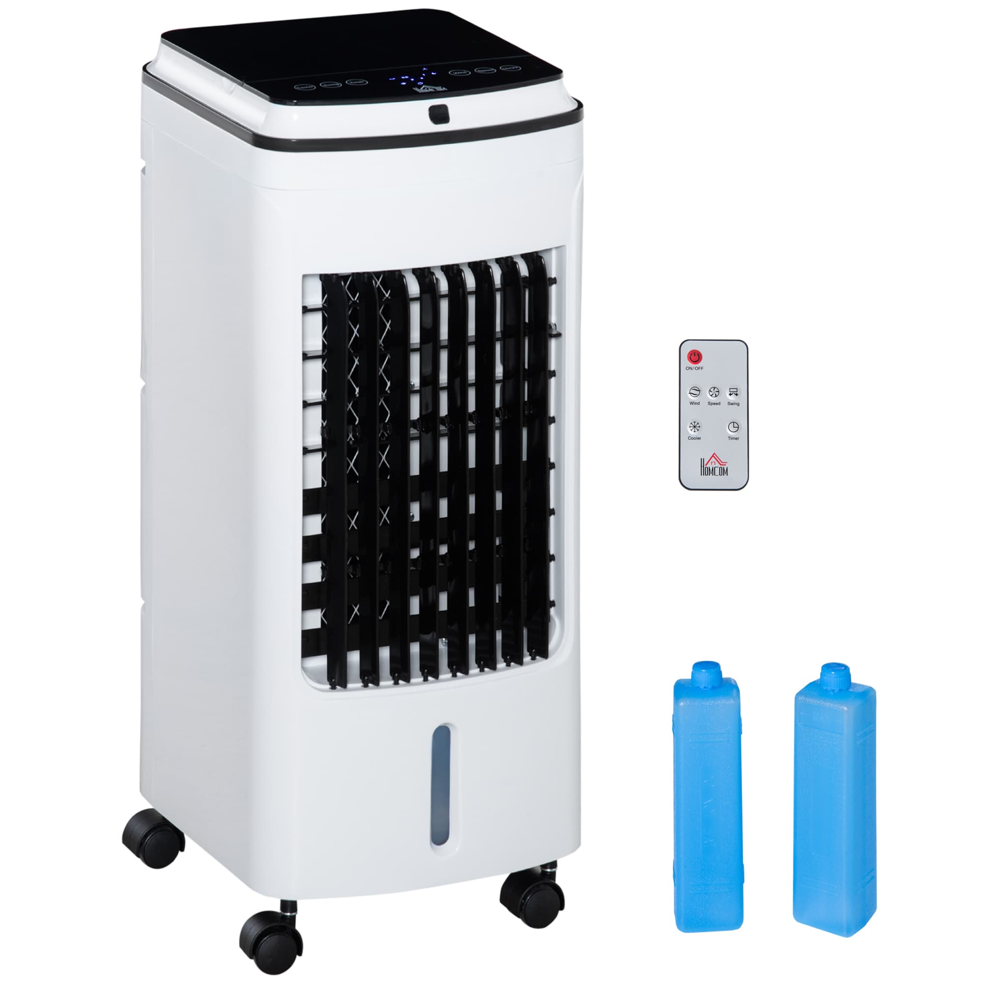 HOMCOM Evaporative Cooler: Portable 4L Tank, Oscillating Fan with Timer & Remote, Automatic Swing Function, White Finish