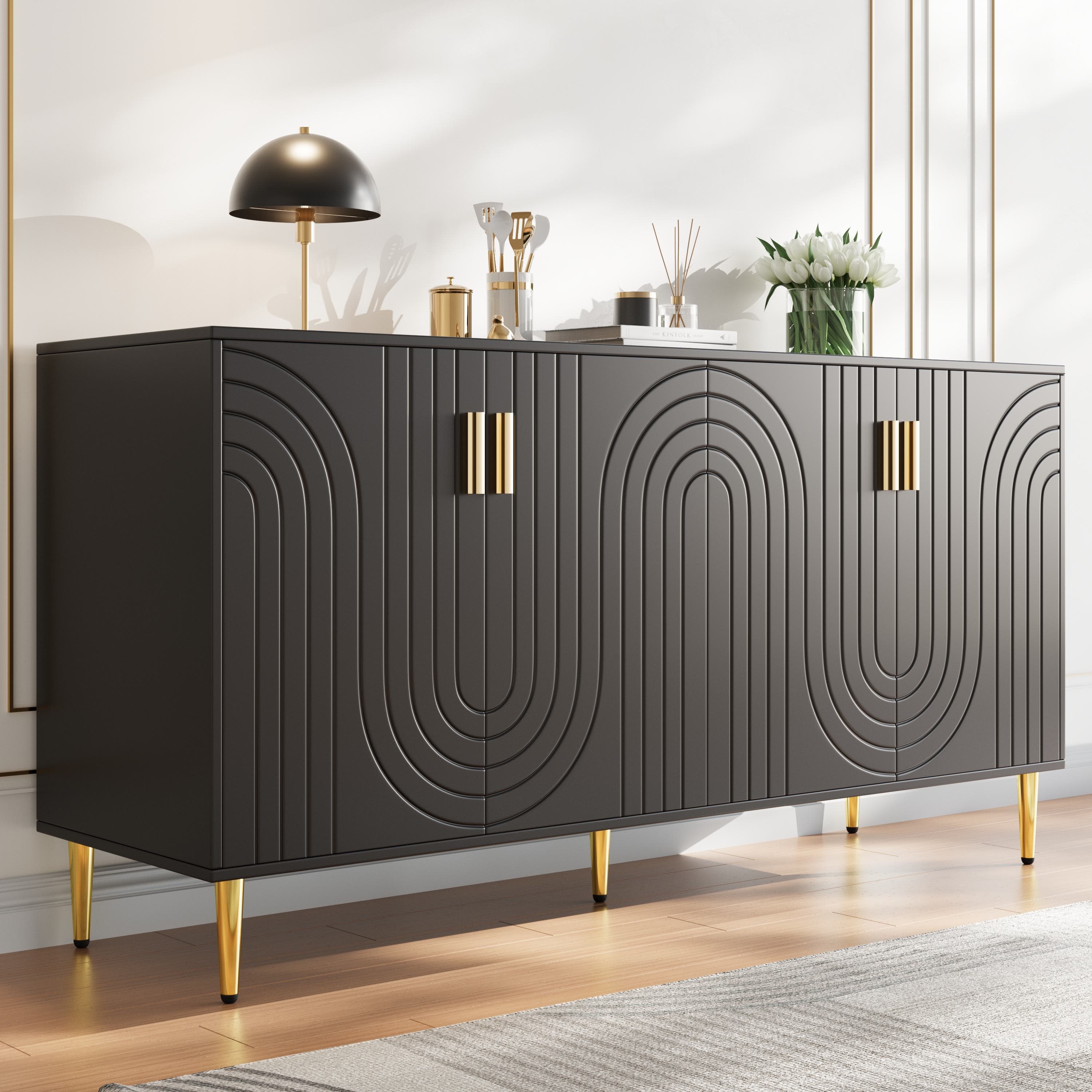 Modern Sideboard with Gold Handles & Feet, Easy-Clean Storage Cabinet for Dining/Living Room, 152x40x75 cm, Black | Aosom UK