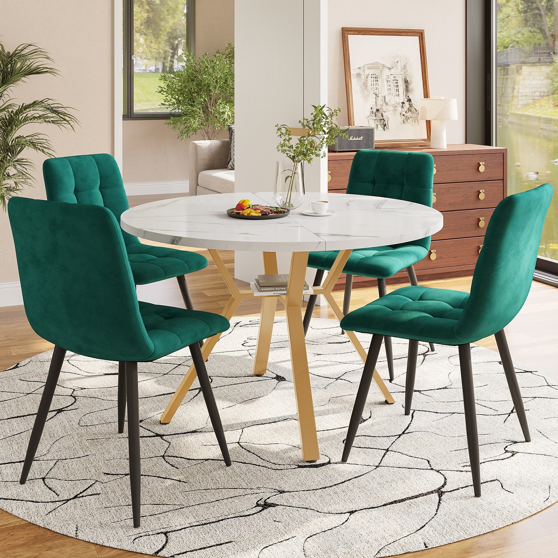 Round Dining Table Set with 4 Ergonomic Velvet Chairs, Gold Metal Legs & Marble Tabletop, Perfect for Modern Interiors, White+Green | Aosom UK