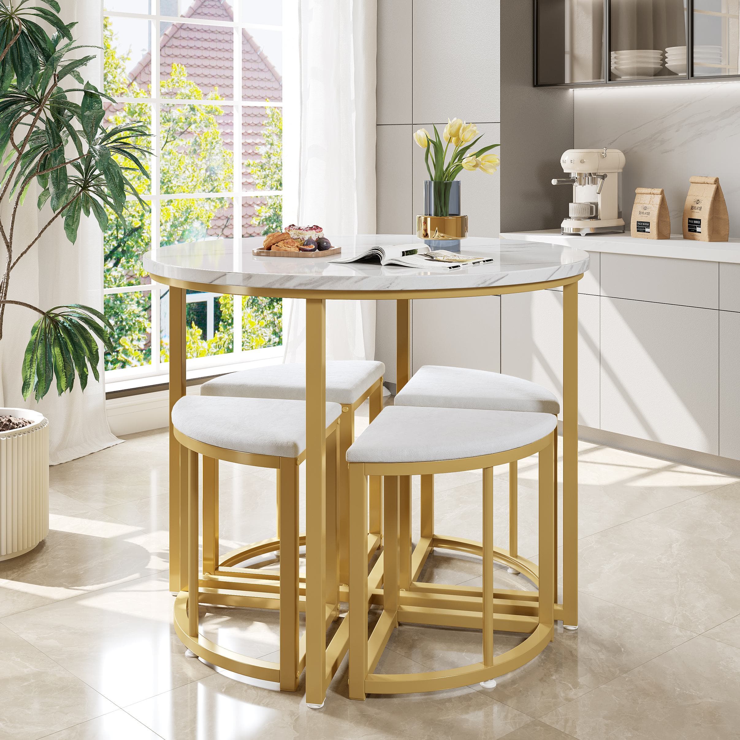 Dining Table and Chairs with 4 Velvet Chairs, MDF Top, Gold-Plated Iron Frame, Ideal for Living Room, 80L x 80W x 75H cm, White+Gold | Aosom UK