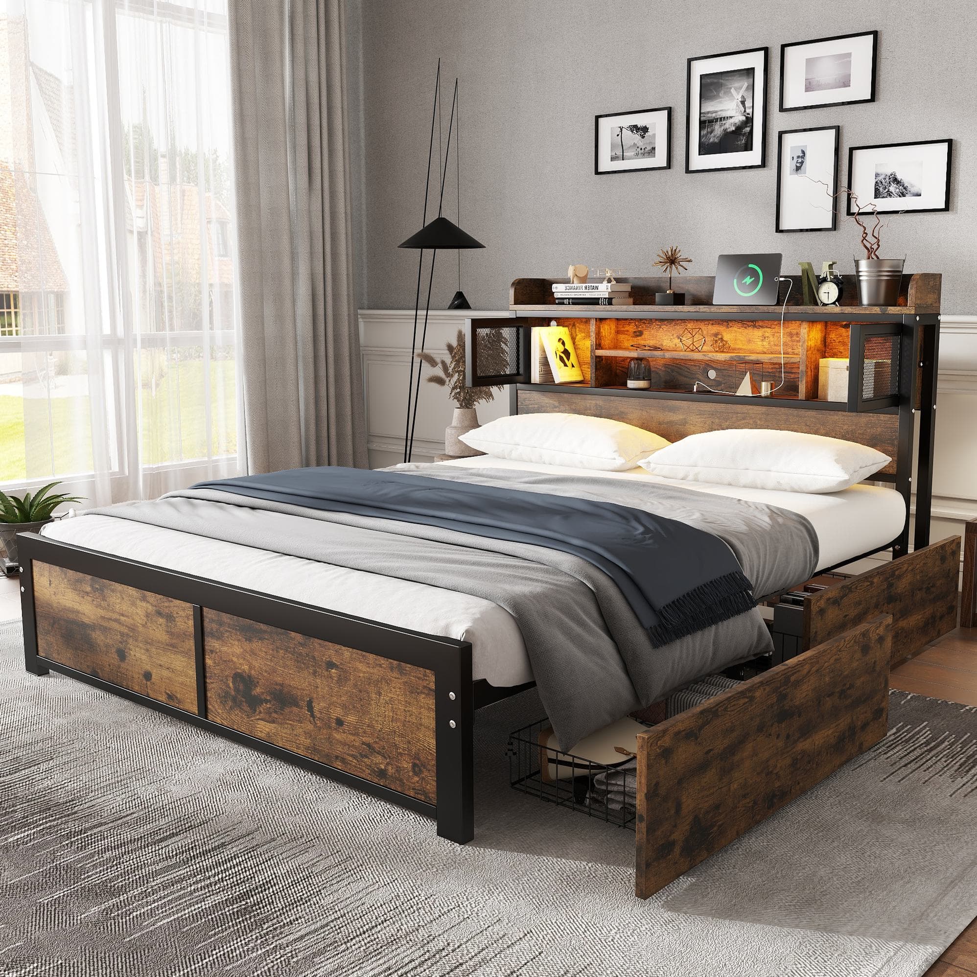 Metal Double Bed with 2 Underbed Drawers, LED Light Strip, USB Charging Ports, Storage Bed with Iron Frame, Headboard Cabinets, Black | Aosom UK
