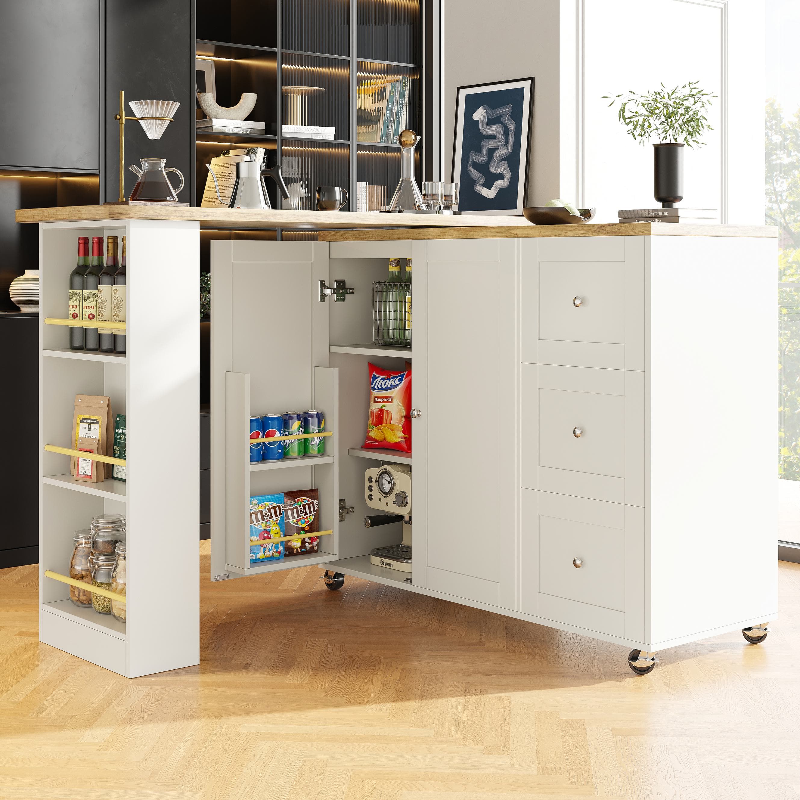 Dining Table with Castors, 3 Drawers, Snack Rack, Multifunctional Storage Island for Kitchen, Living Room, 209L x 39W x 104H cm, White | Aosom UK