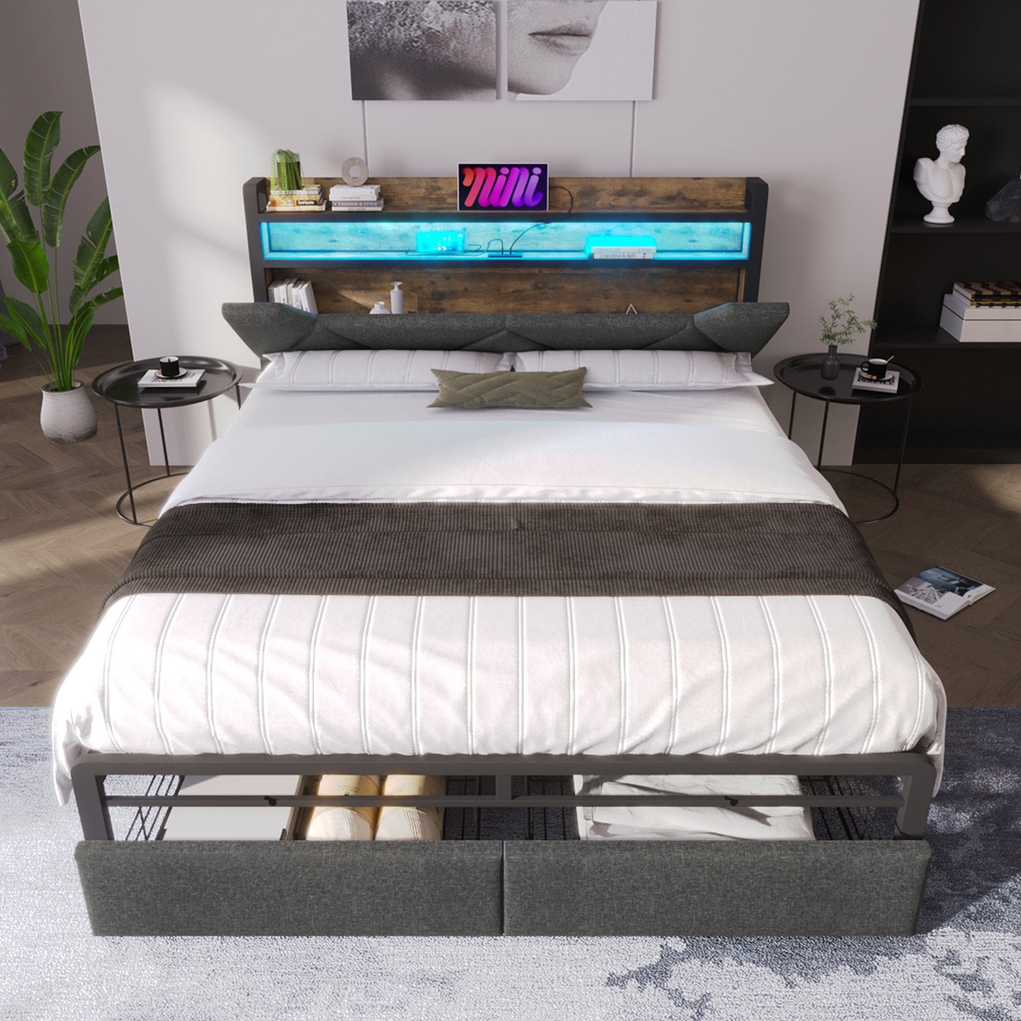 Upholstered Double Bed with Smart LED Lighting, USB Type-C Charging, Bed Frame with Storage Headboard, Drawers, 208L x 137W x 110H cm, Grey | Aosom UK
