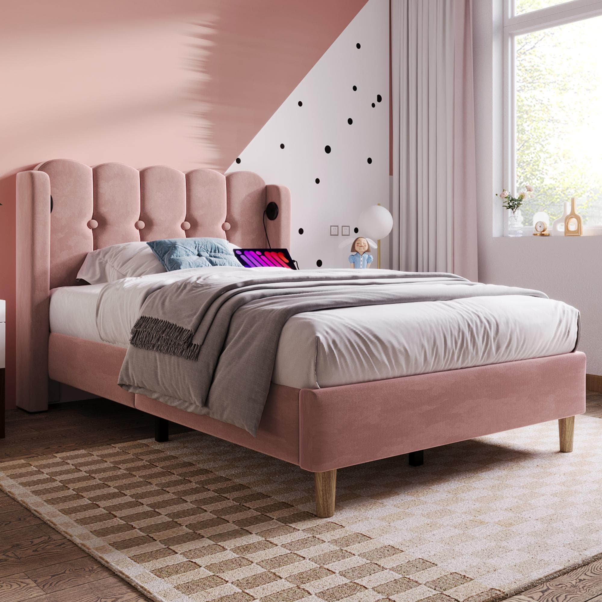 Upholstered Single Bed with USB and Type-C Charging Ports, Velvet Bed Frame with Wooden Slats for Teen Bedroom, 197L x 103W x 103H cm, Pink | Aosom UK