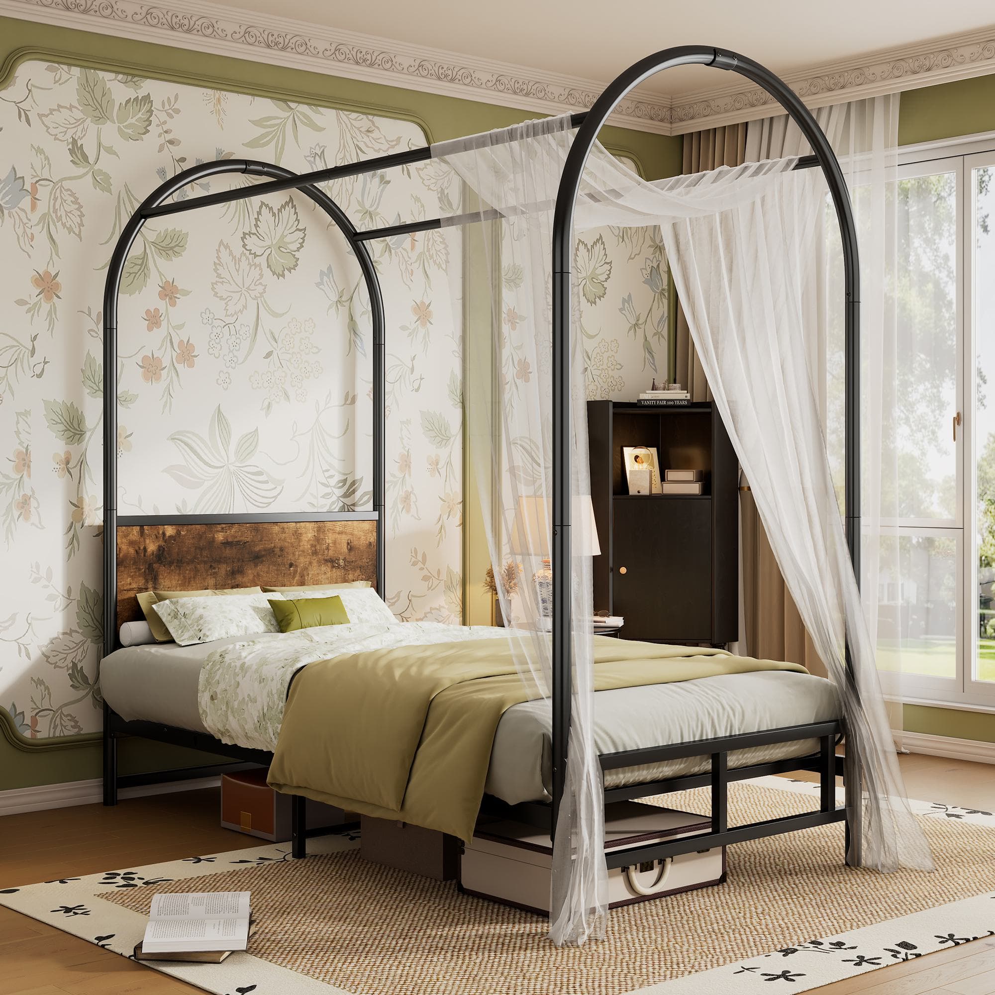 Canopy Bed Frame with Durable Iron and MDF Construction, Wooden Headboard, Easy Installation, Versatile for Various Bedroom Styles, Black | Aosom UK