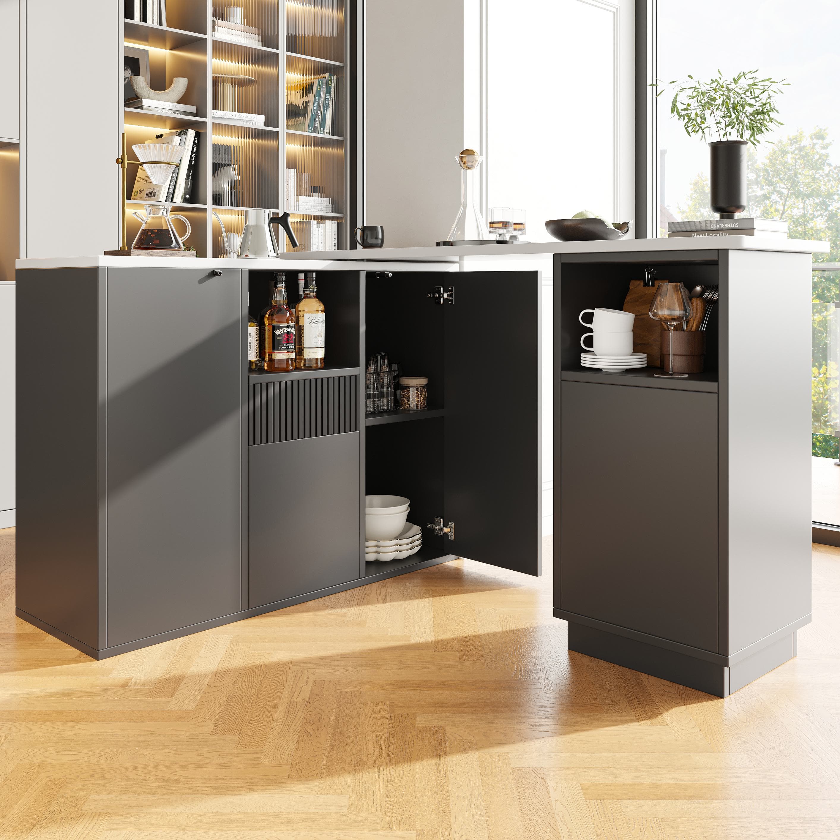 Kitchen Island with Marble-Effect Worktop, Storage Compartments, 360° Swivel Bar Table for Kitchen/Living Room, 198.5x30x72.5 cm, Black | Aosom UK