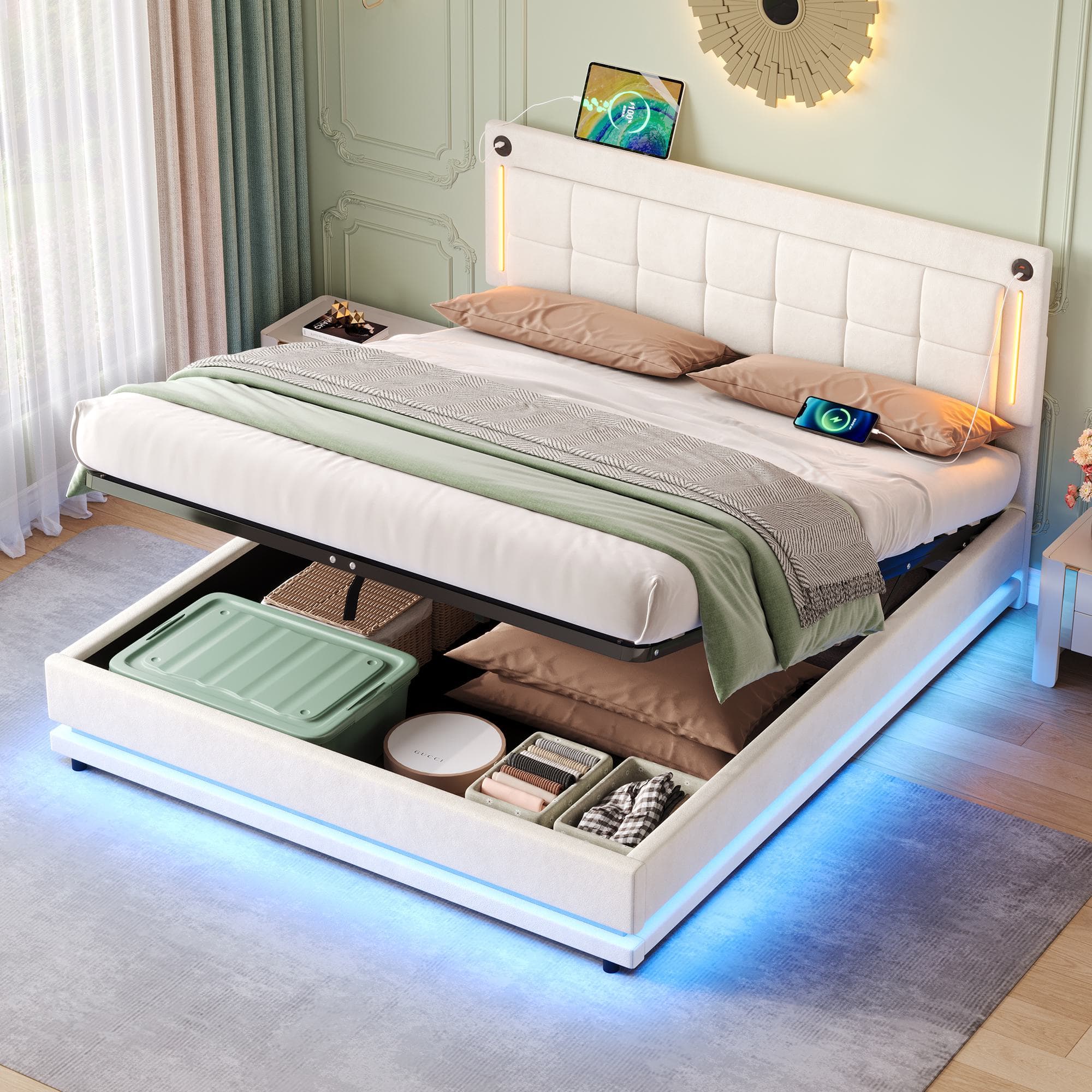 Upholstered Bed with Charging Station, Adjustable Tufted Headboard, LED Lighting Strip, Hydraulic Storage Bed for Bedroom, Beige | Aosom UK