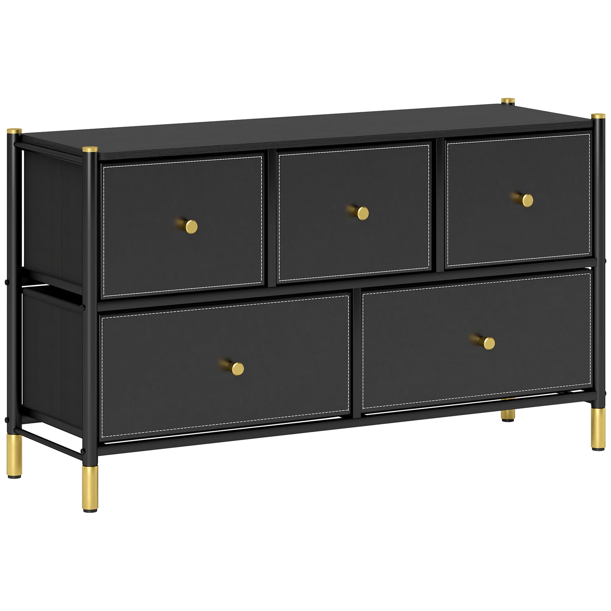 HOMCOM Chest of Drawers, 5 Drawer Fabric Dresser with PU Leather Surface, Steel Frame, Storage Organizer Unit for Bedroom Black | Aosom UK